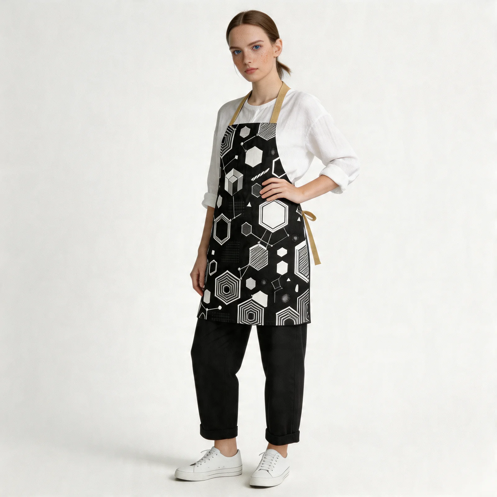 Monochrome Honeycomb Matrix All-Over Print Apron — worn by model