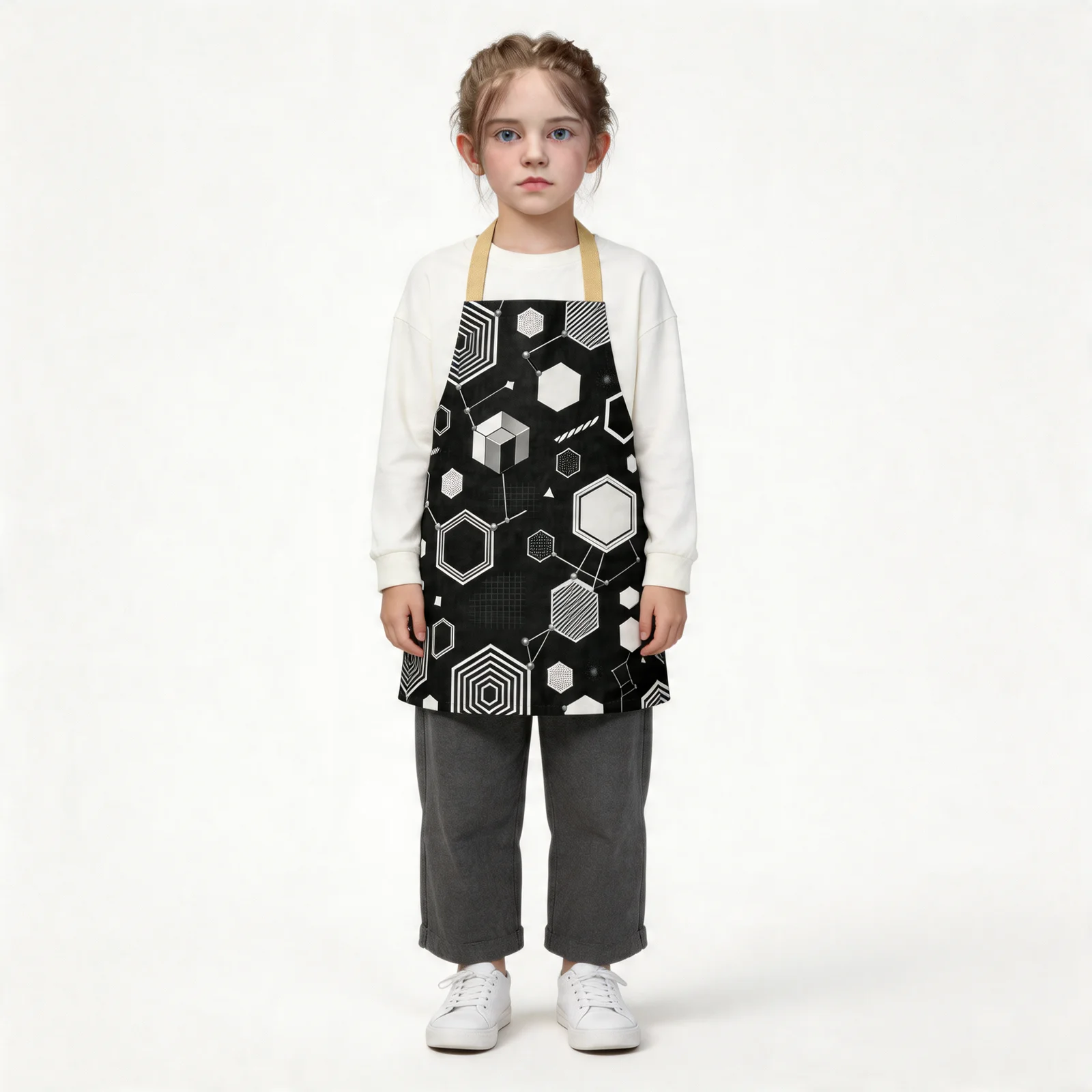 Monochrome Honeycomb Matrix All-Over Print Apron — worn by young model