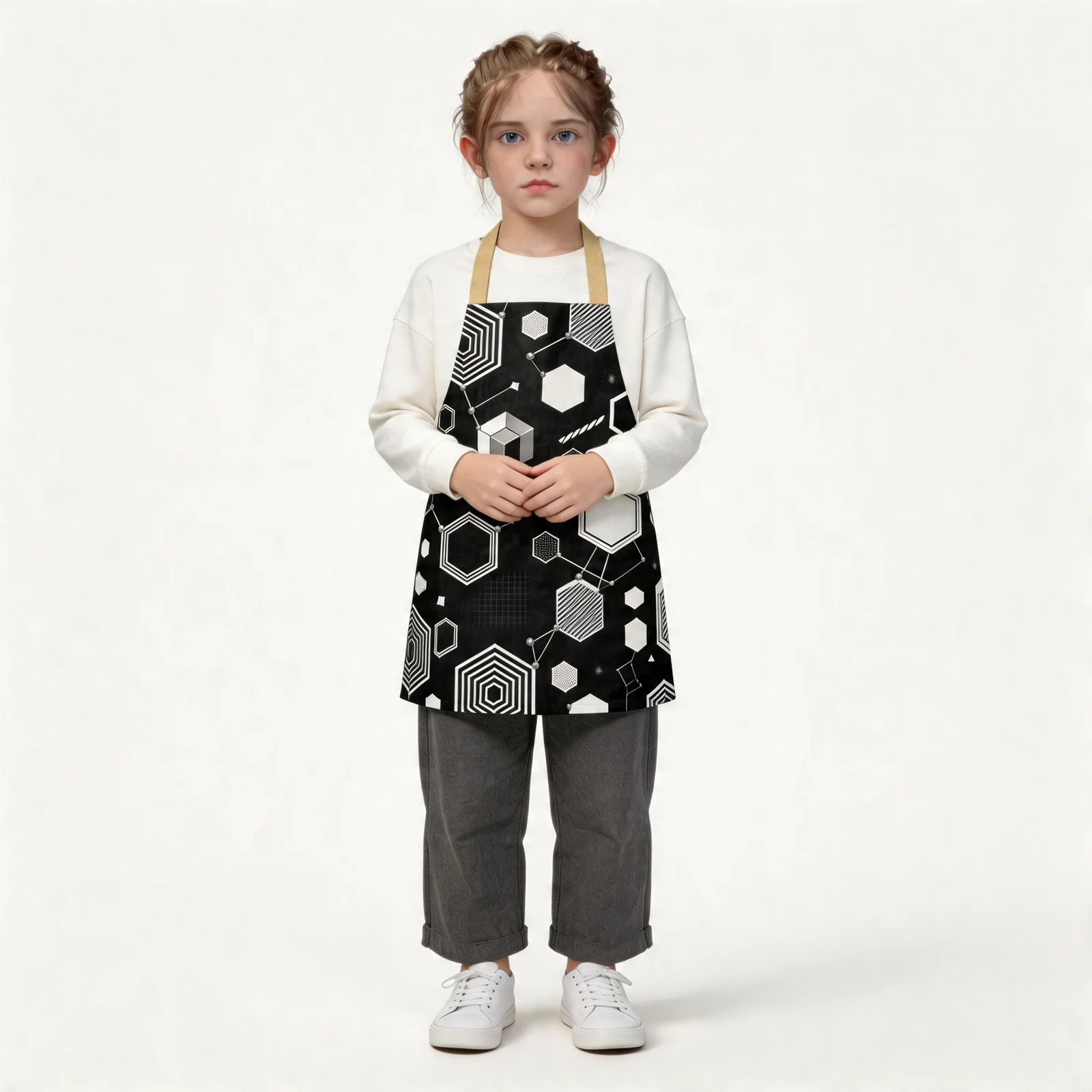 Monochrome Honeycomb Matrix All-Over Print Apron — worn by young model