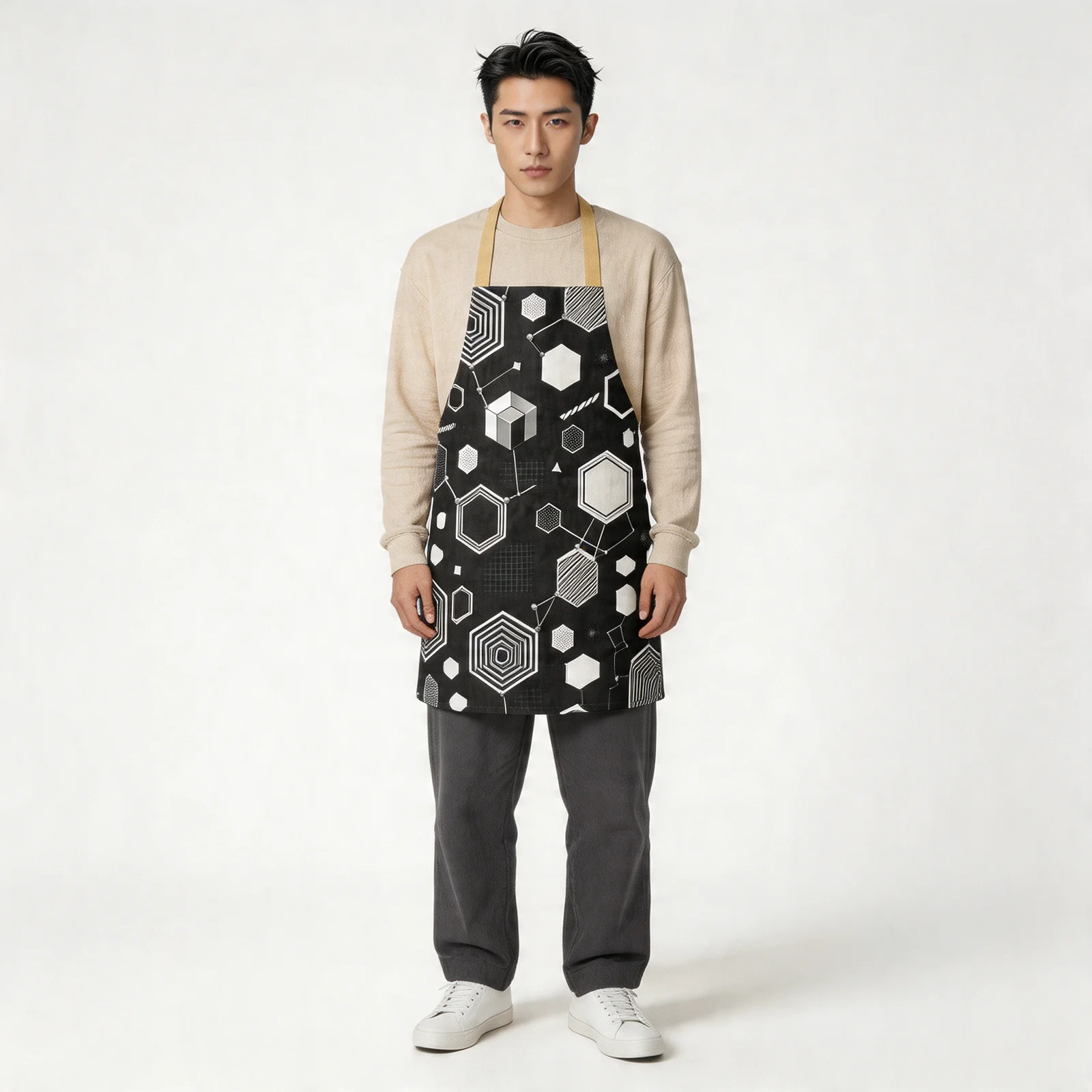 Monochrome Honeycomb Matrix All-Over Print Apron — worn by model