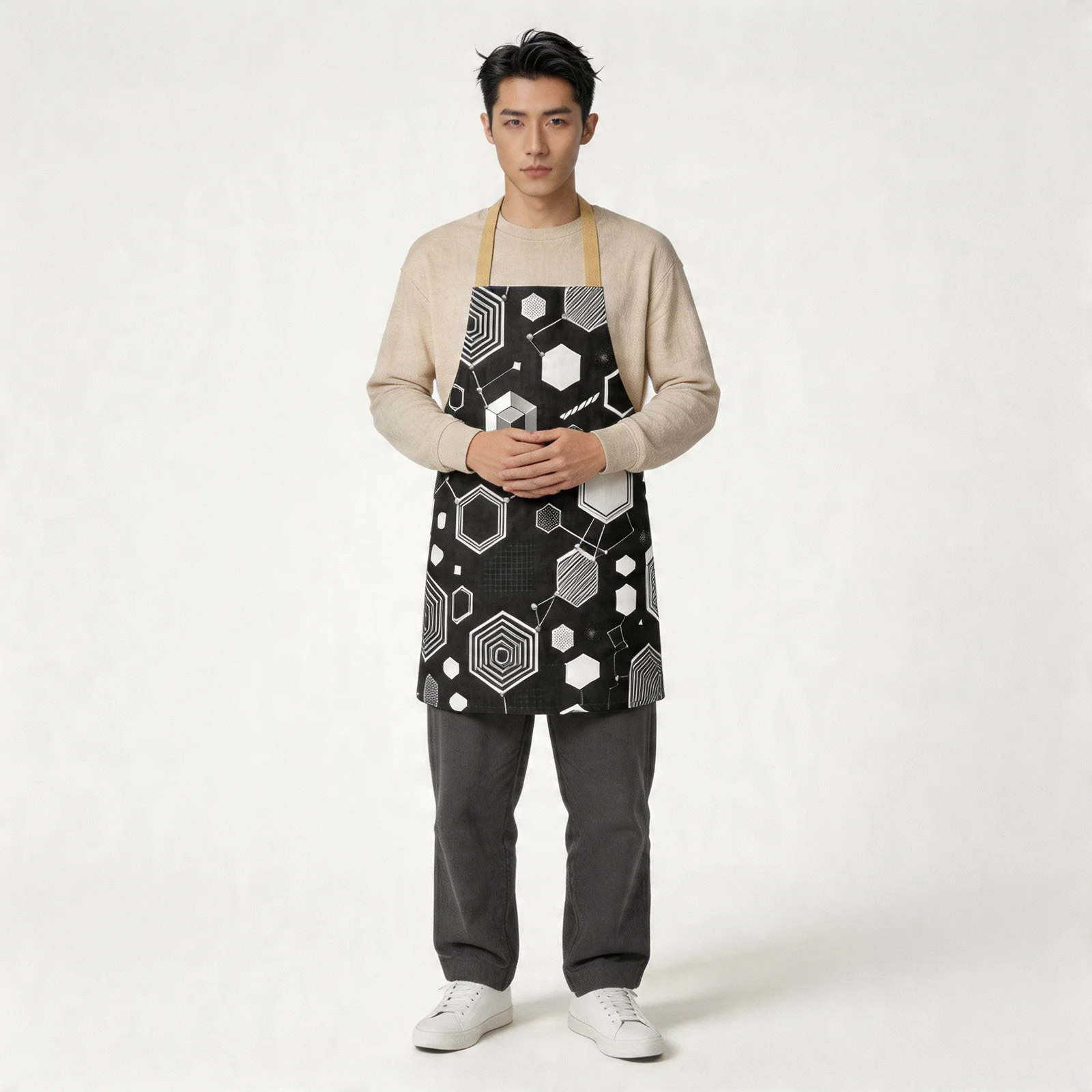 Monochrome Honeycomb Matrix All-Over Print Apron — worn by model