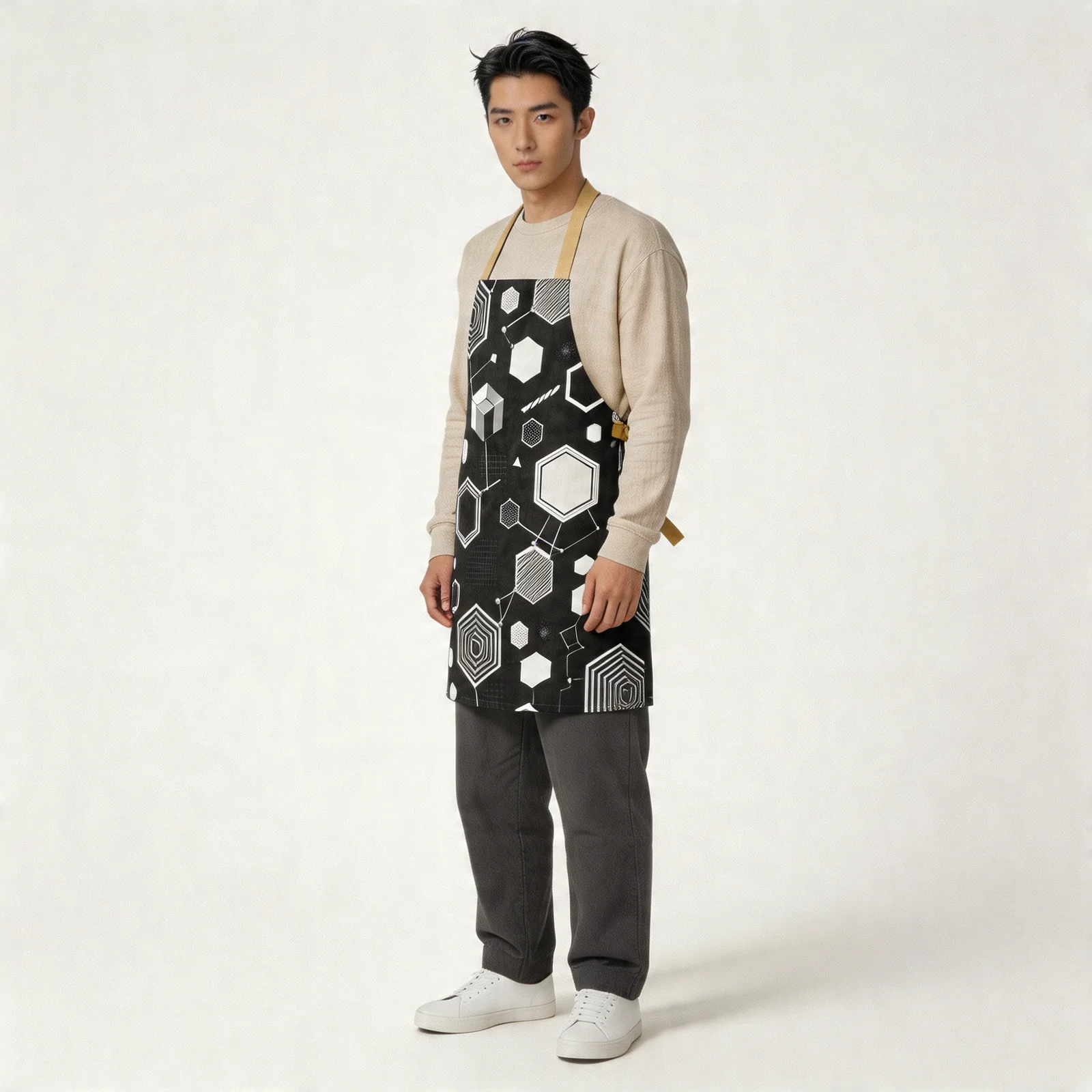 Monochrome Honeycomb Matrix All-Over Print Apron — worn by model
