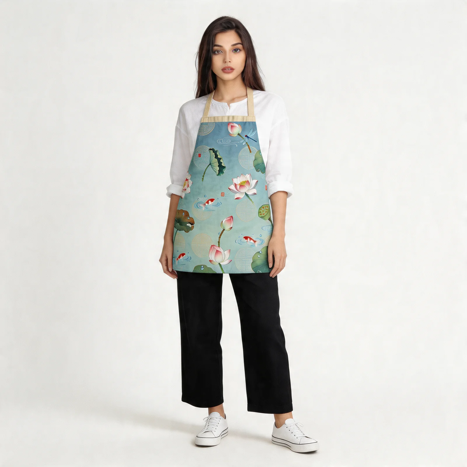Lotus Whisper Lotus Pond All-Over Print Apron — worn by model