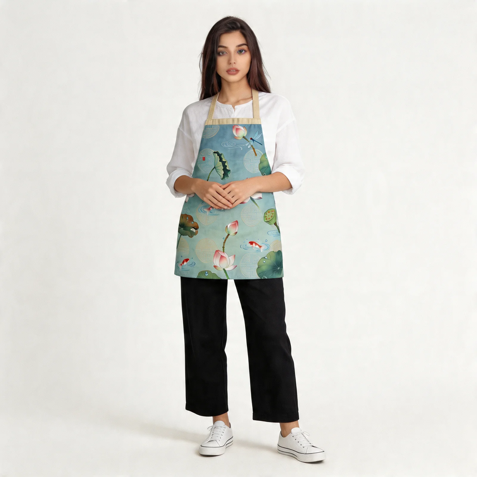 Lotus Whisper Lotus Pond All-Over Print Apron — worn by model