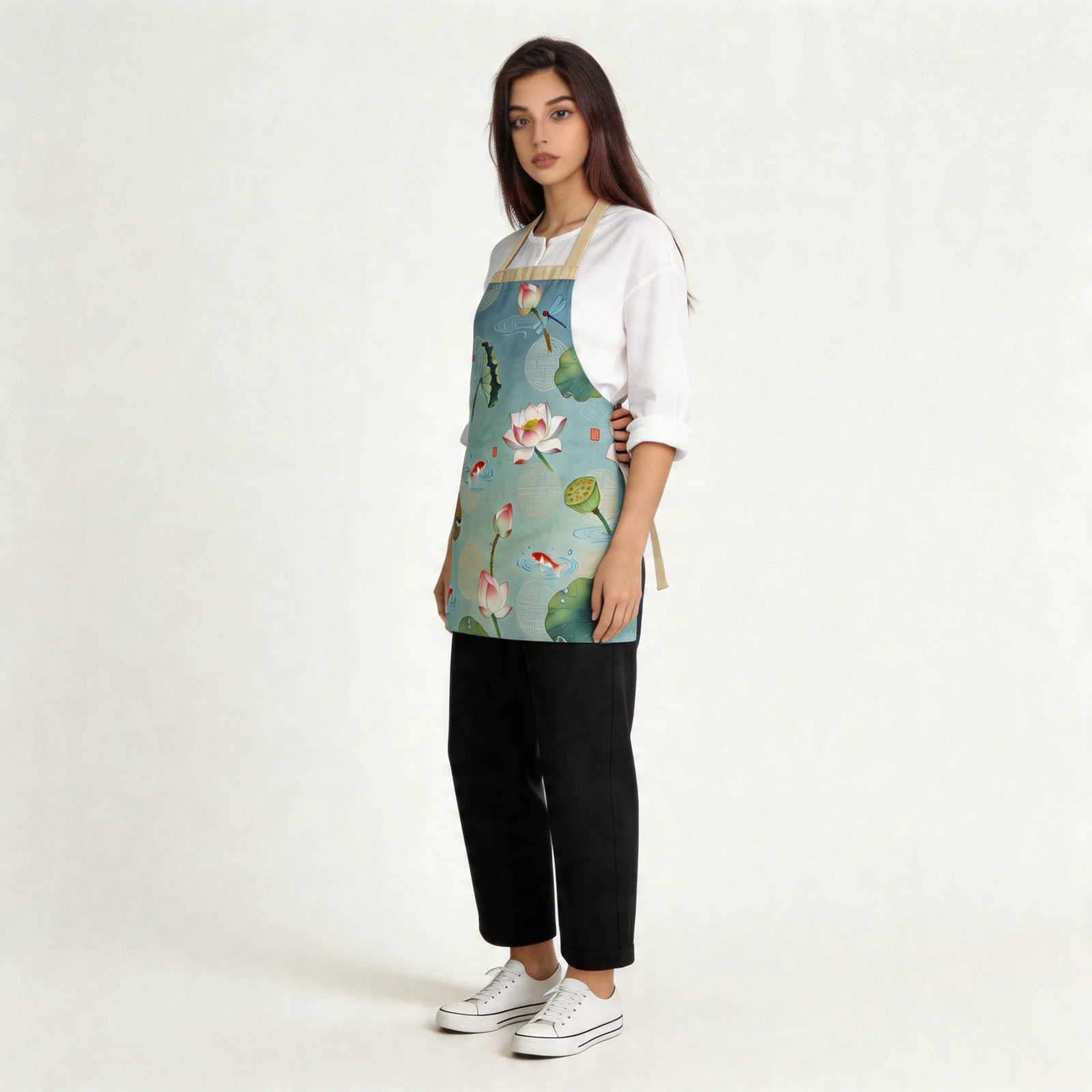 Lotus Whisper Lotus Pond All-Over Print Apron — worn by model
