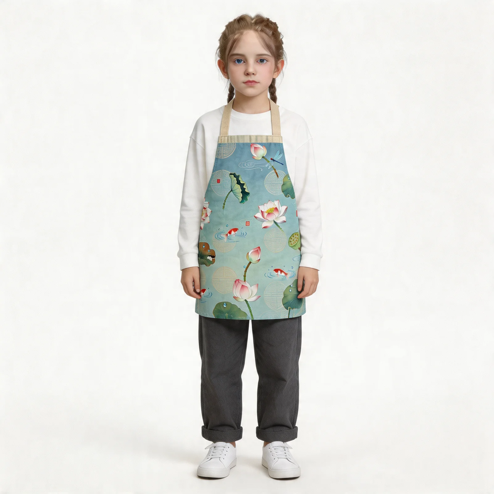 Lotus Whisper Lotus Pond All-Over Print Apron — worn by young model