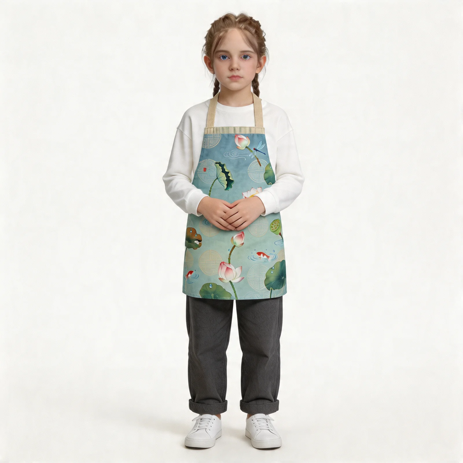 Lotus Whisper Lotus Pond All-Over Print Apron — worn by young model