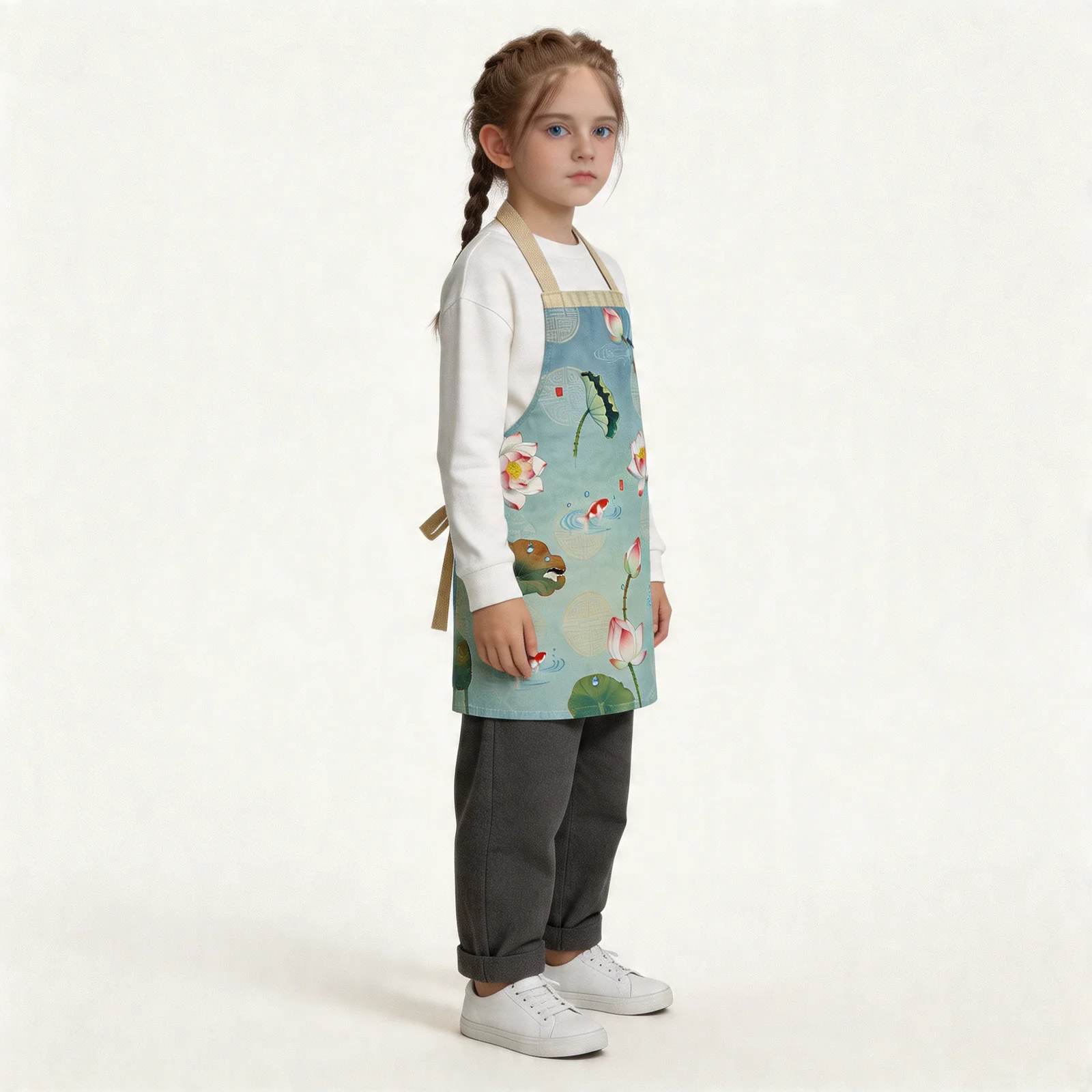 Lotus Whisper Lotus Pond All-Over Print Apron — worn by young model