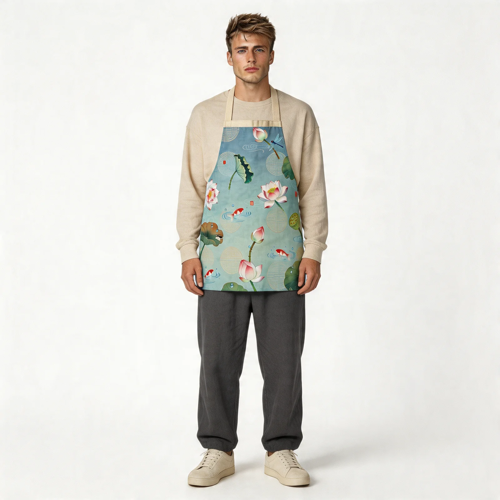 Lotus Whisper Lotus Pond All-Over Print Apron — worn by model