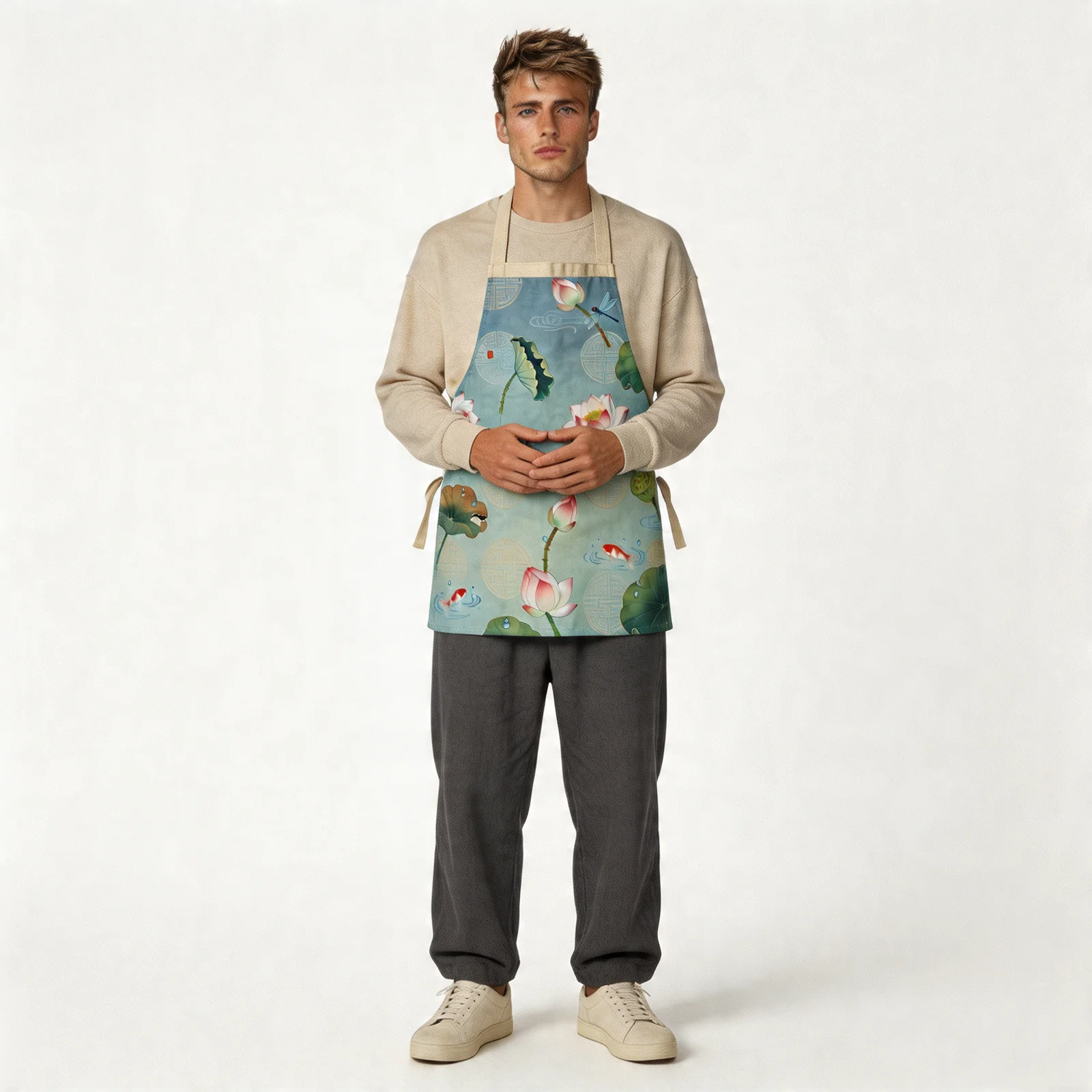 Lotus Whisper Lotus Pond All-Over Print Apron — worn by model