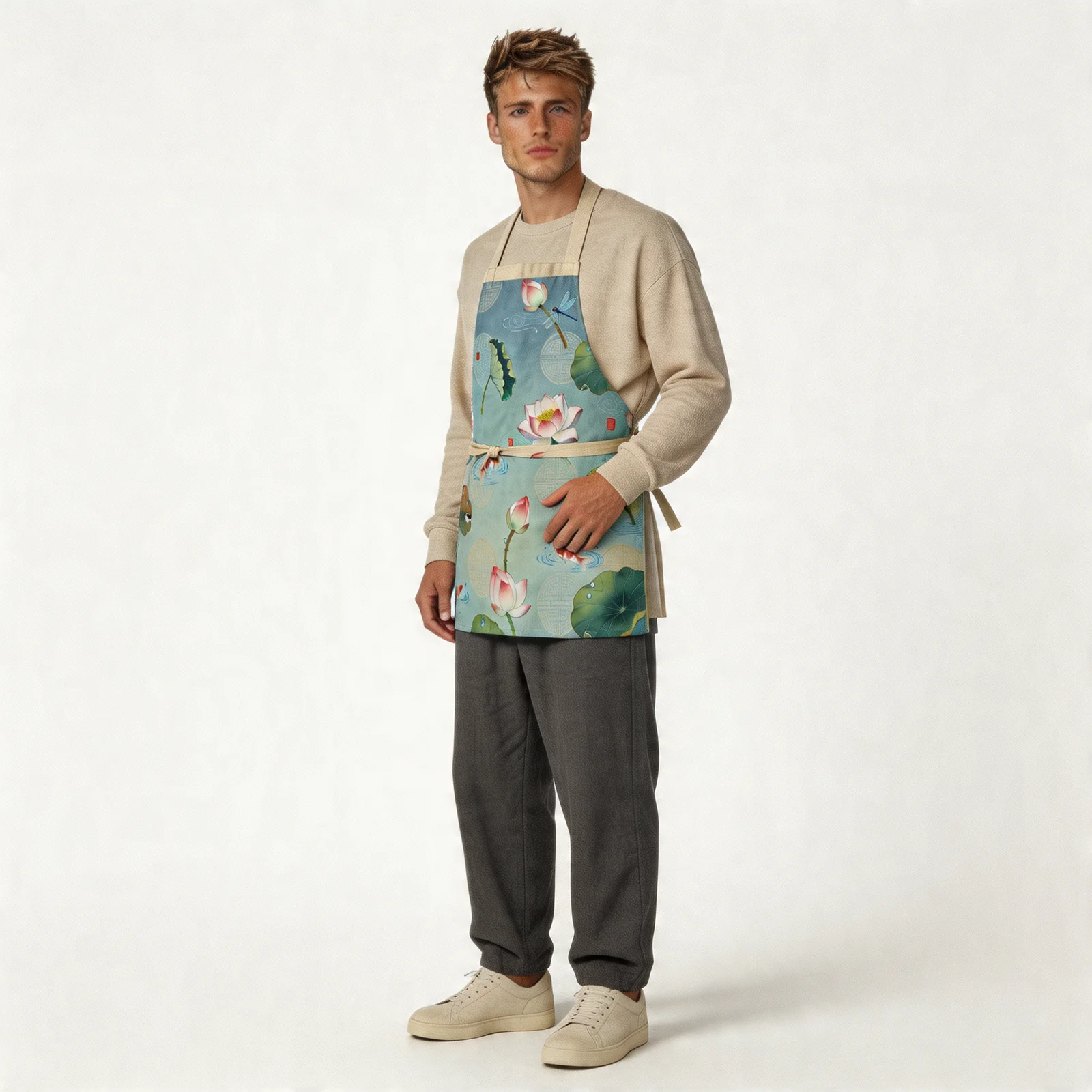 Lotus Whisper Lotus Pond All-Over Print Apron — worn by model