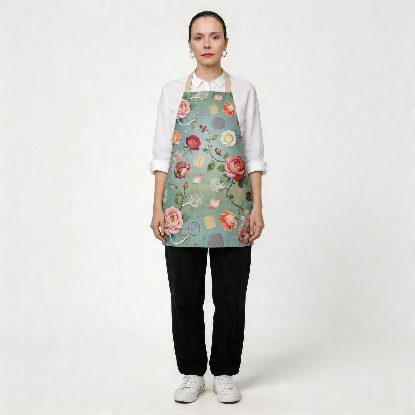 Mist-Blue Epistle Vintage Roses All-Over Print Apron — worn by model