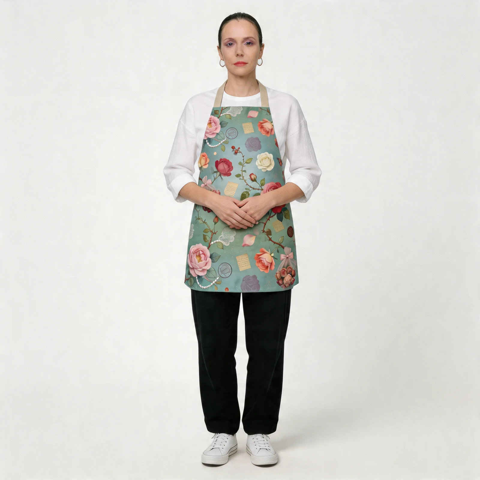 Mist-Blue Epistle Vintage Roses All-Over Print Apron — worn by model
