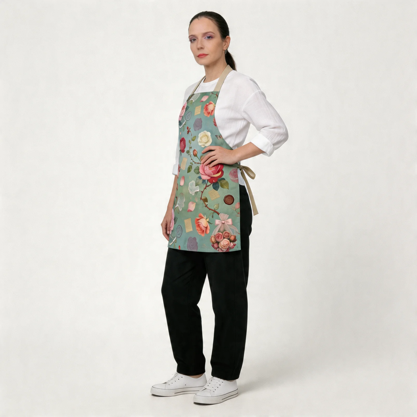 Mist-Blue Epistle Vintage Roses All-Over Print Apron — worn by model