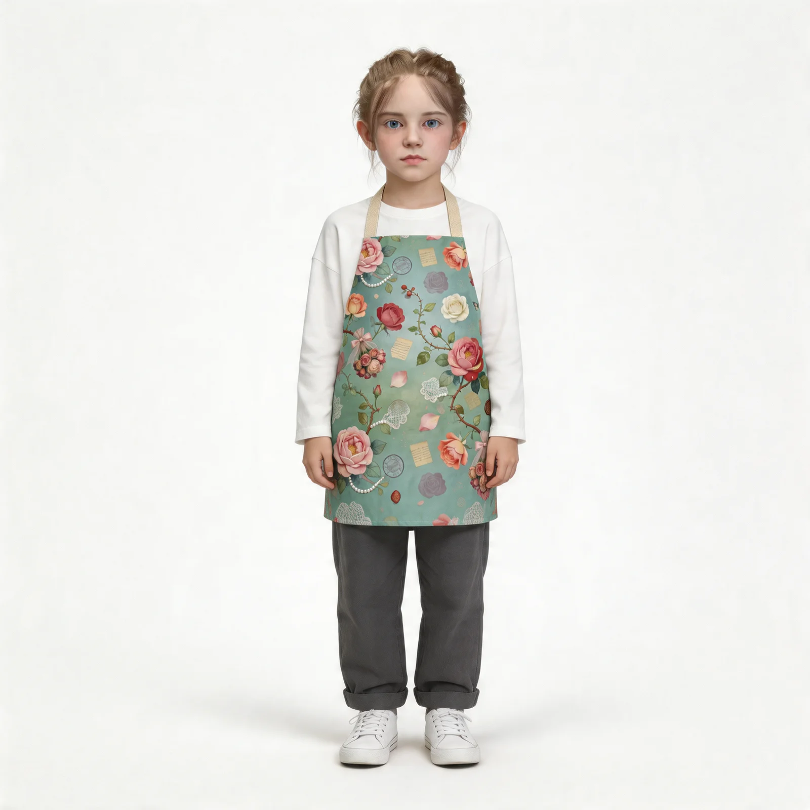 Mist-Blue Epistle Vintage Roses All-Over Print Apron — worn by young model