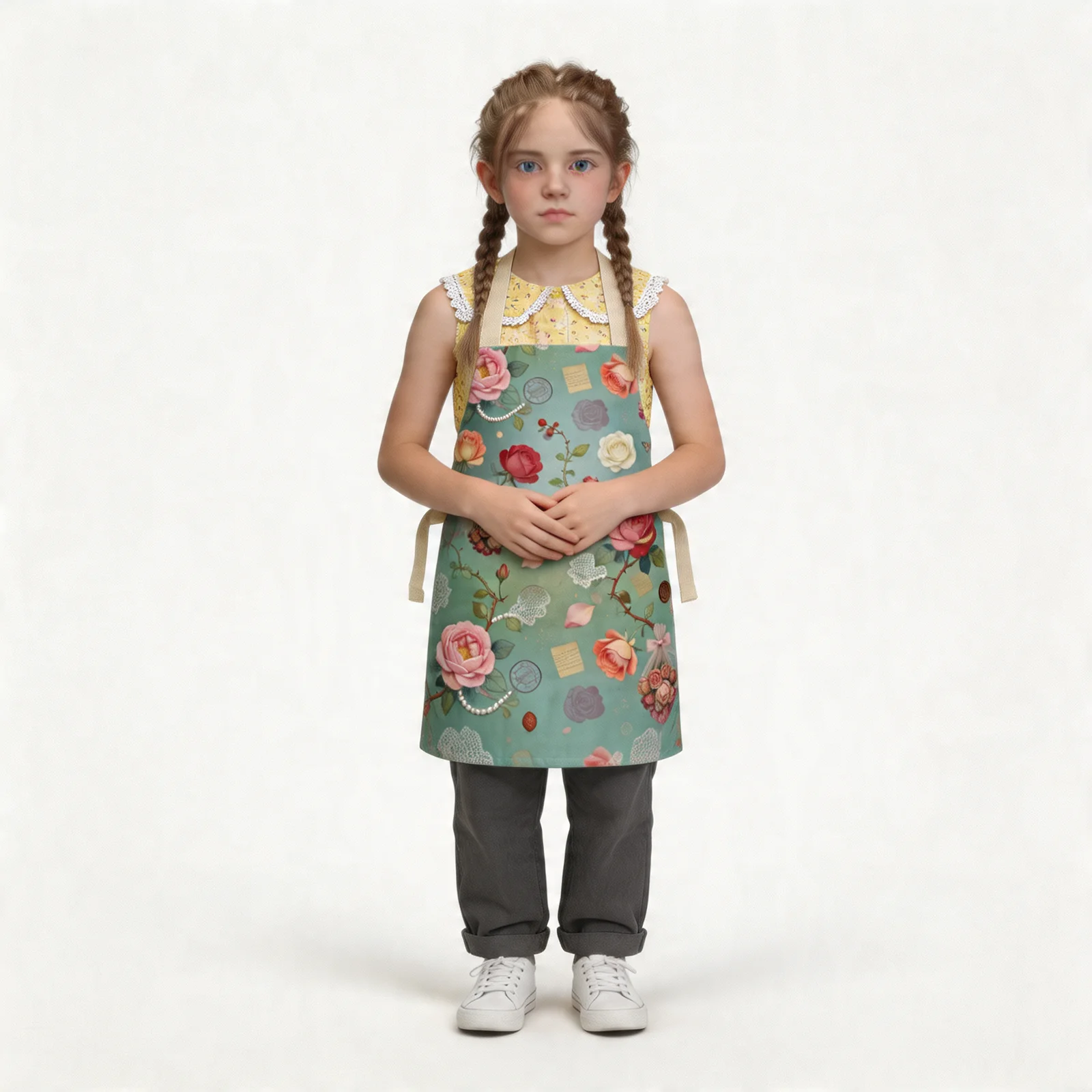 Mist-Blue Epistle Vintage Roses All-Over Print Apron — worn by young model