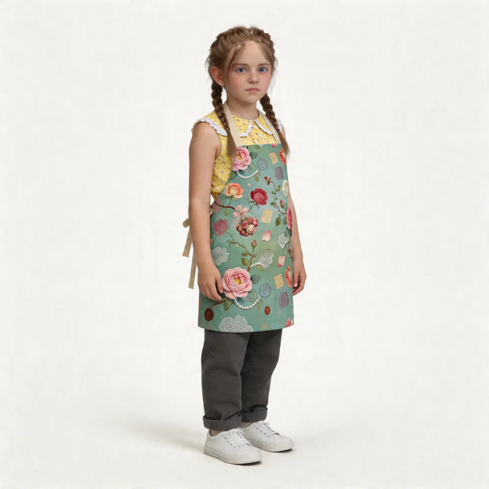 Mist-Blue Epistle Vintage Roses All-Over Print Apron — worn by young model