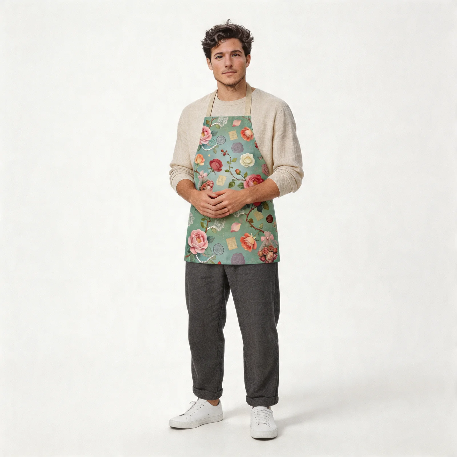 Mist-Blue Epistle Vintage Roses All-Over Print Apron — worn by model