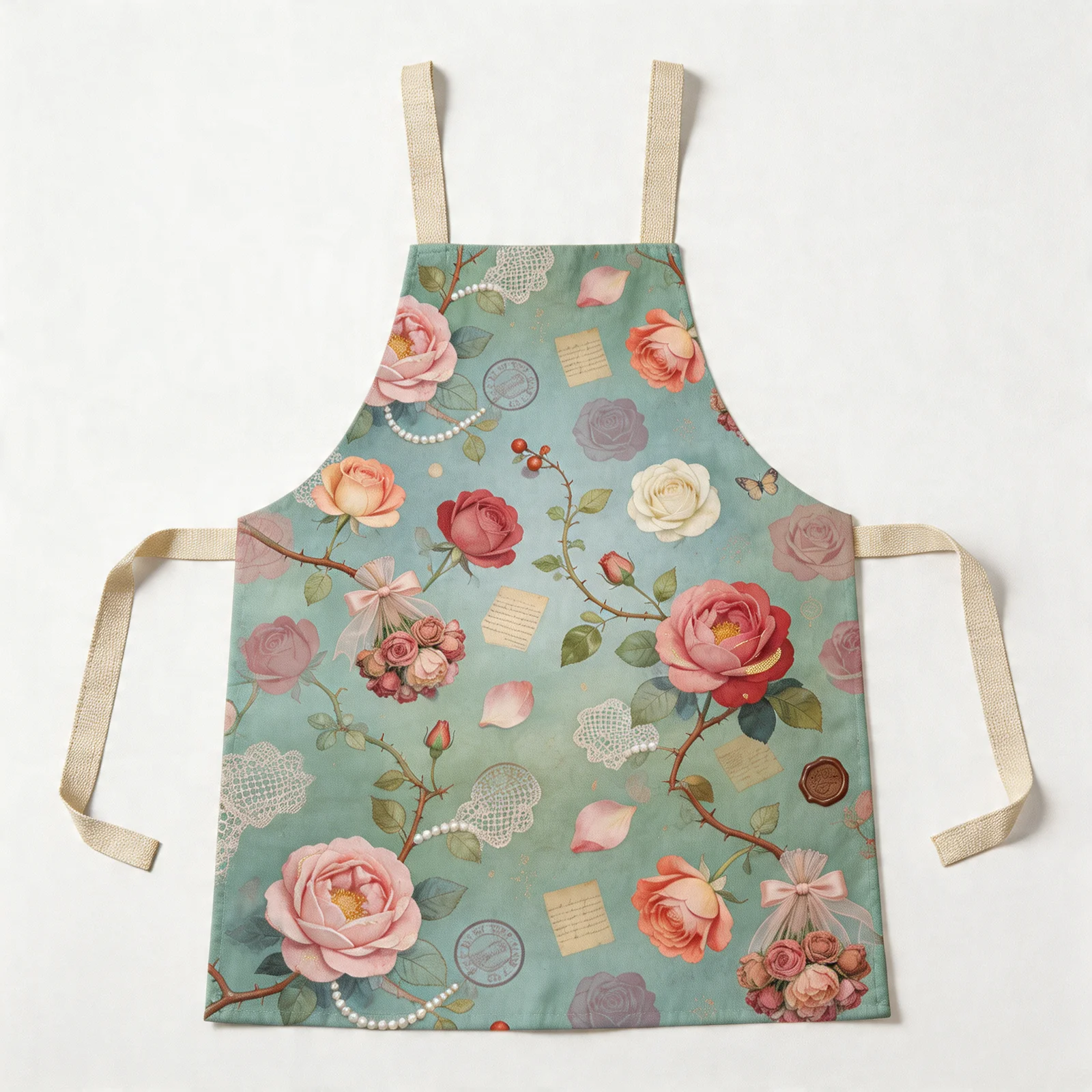 Mist-Blue Epistle Vintage Roses All-Over Print Apron — flat lay
