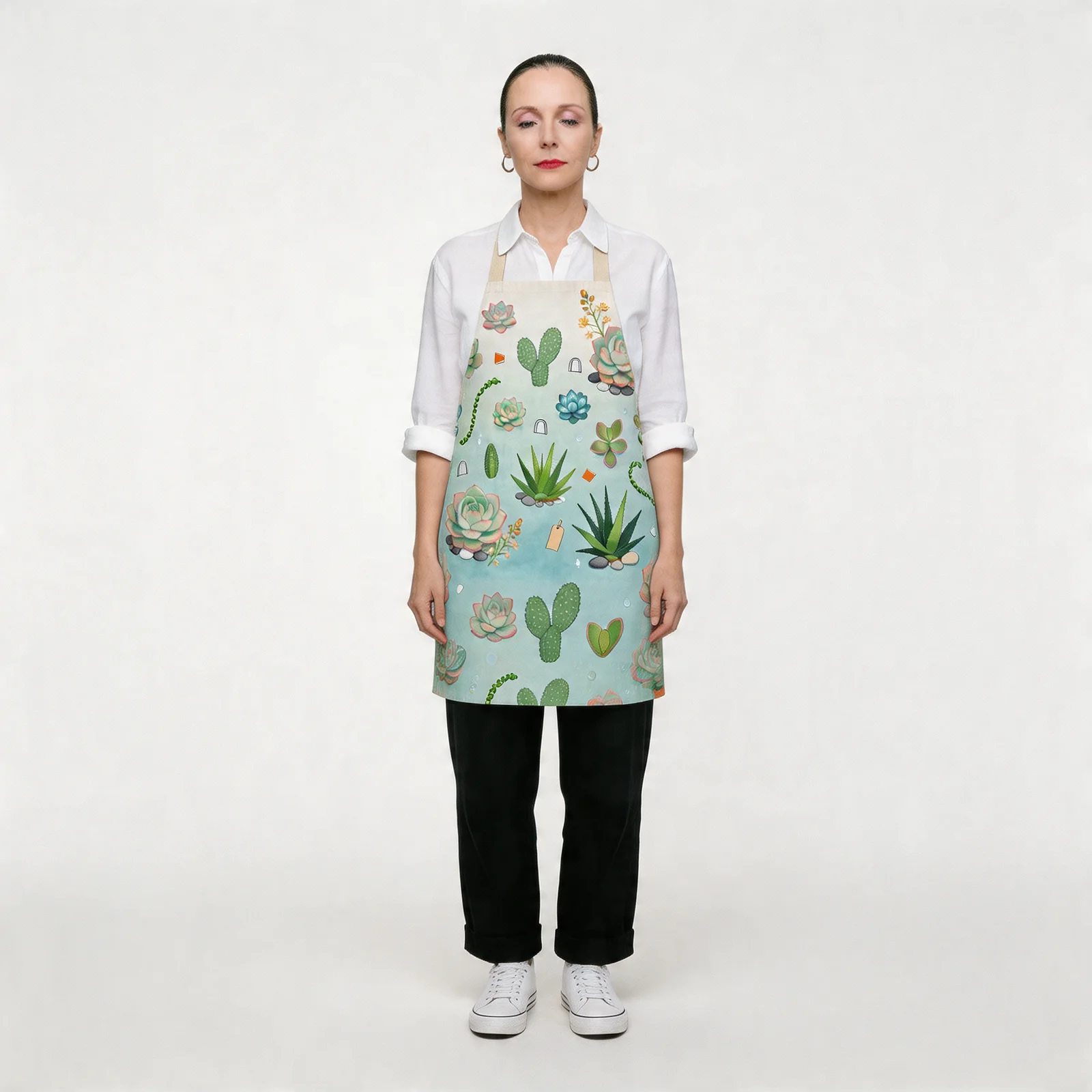 Mint Morning Succulent Garden All-Over Print Apron — worn by model