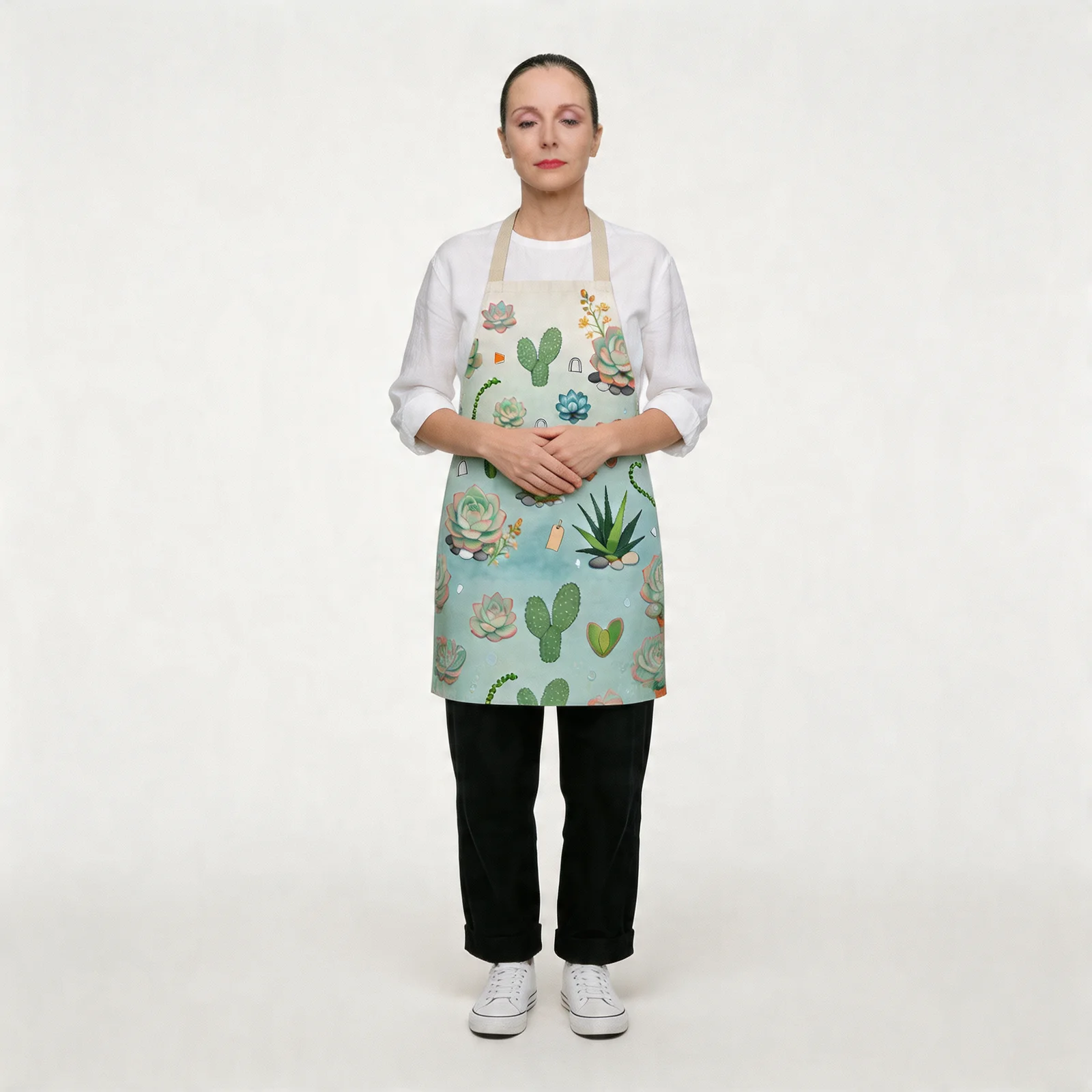 Mint Morning Succulent Garden All-Over Print Apron — worn by model