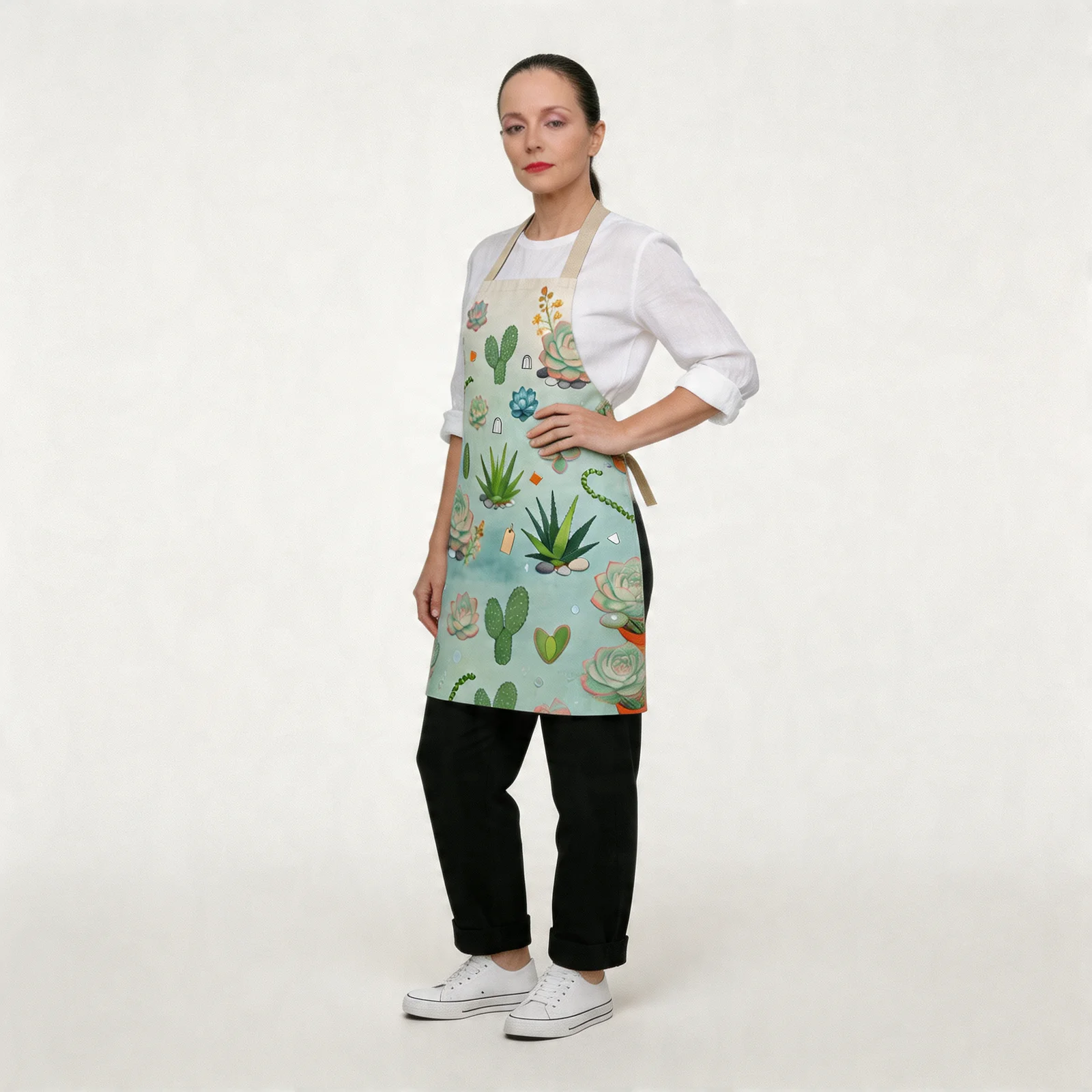 Mint Morning Succulent Garden All-Over Print Apron — worn by model