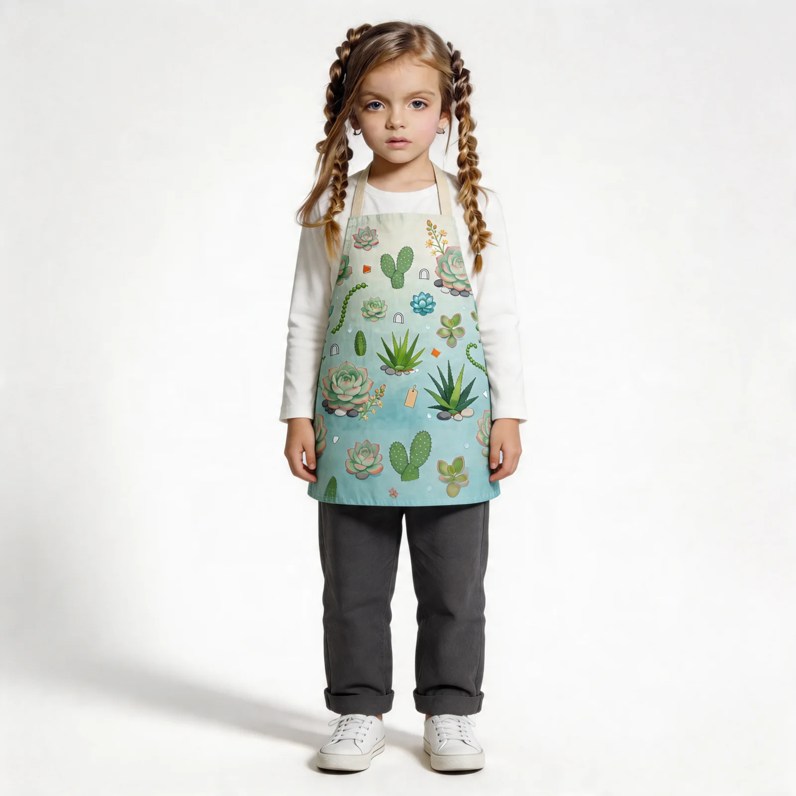 Mint Morning Succulent Garden All-Over Print Apron — worn by young model