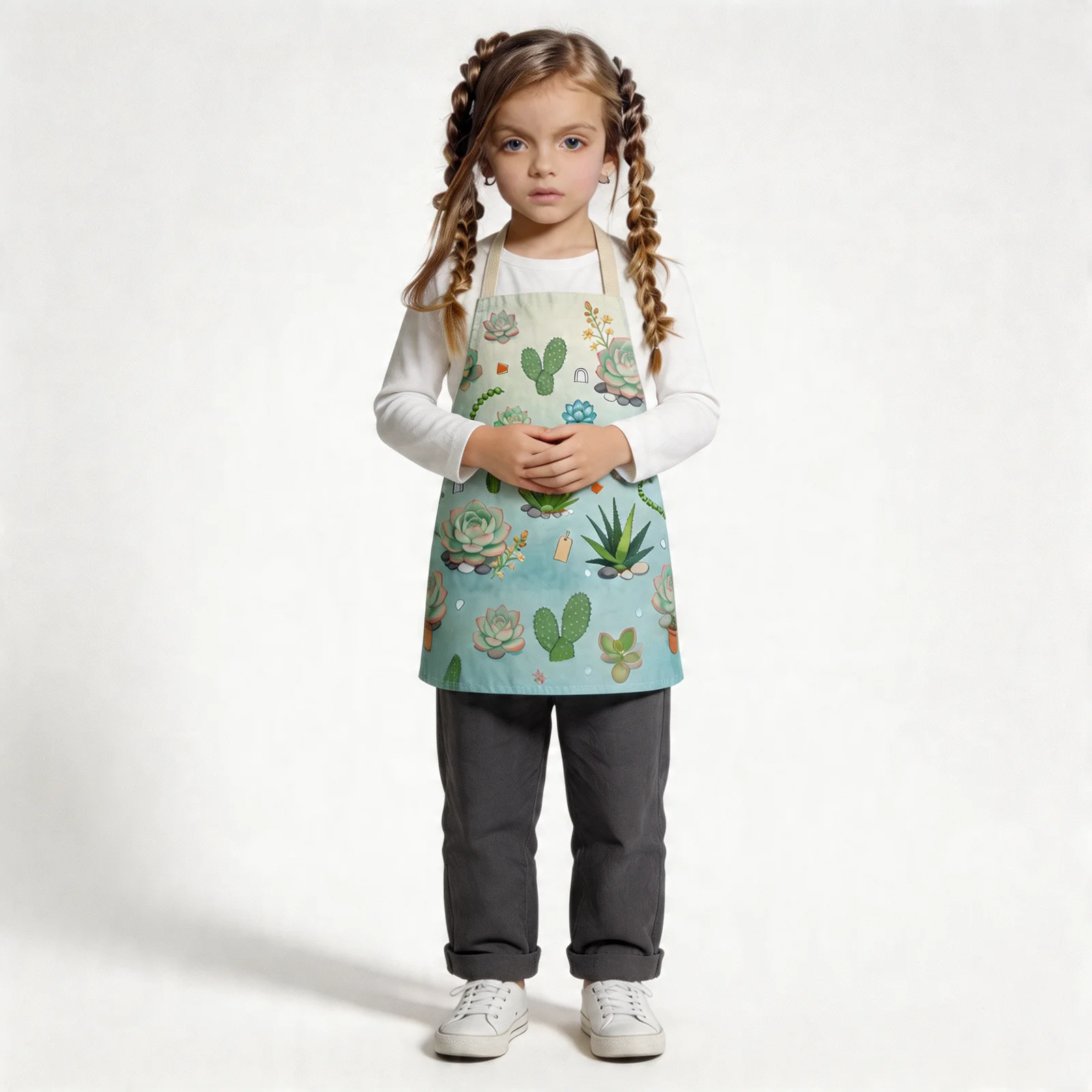 Mint Morning Succulent Garden All-Over Print Apron — worn by young model