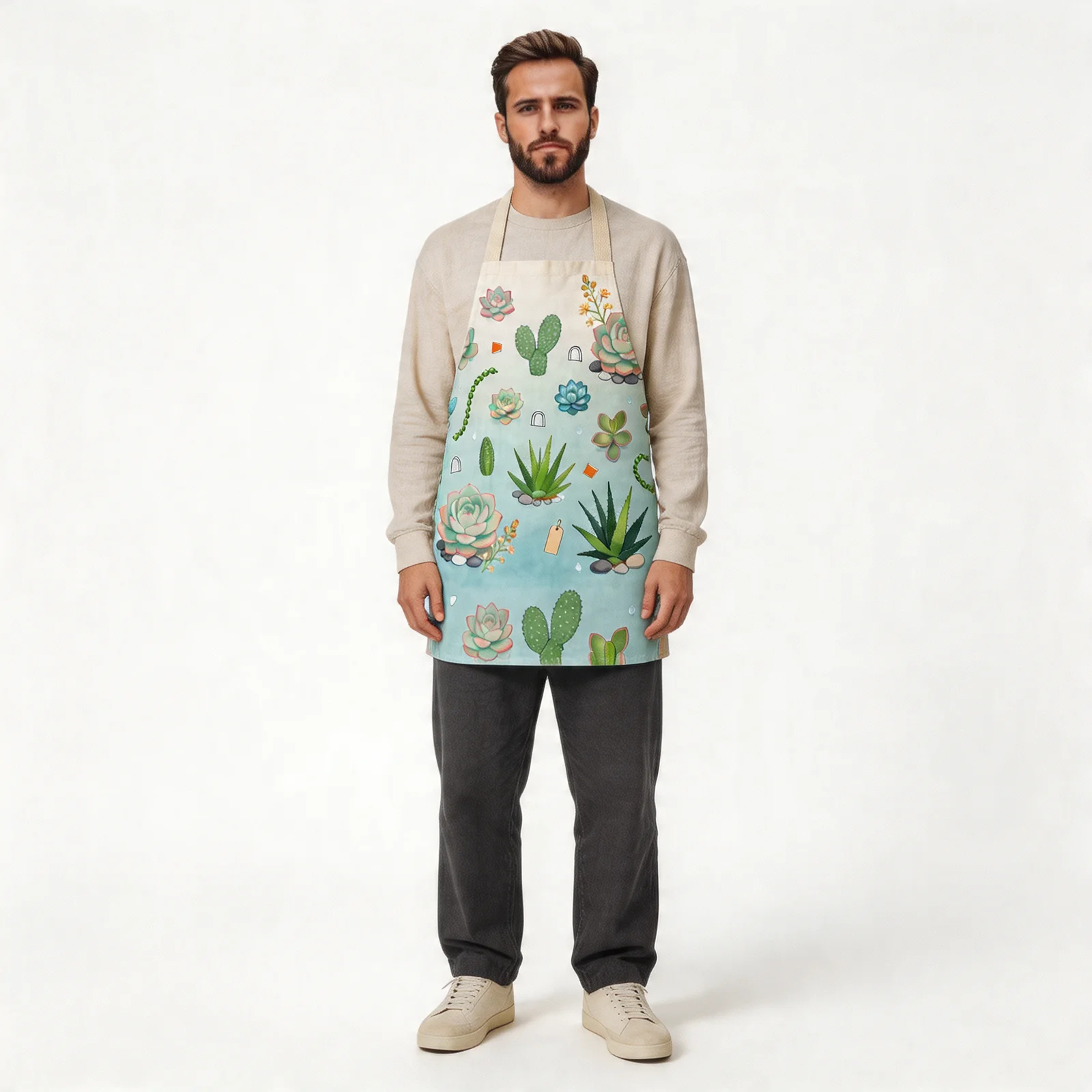 Mint Morning Succulent Garden All-Over Print Apron — worn by model