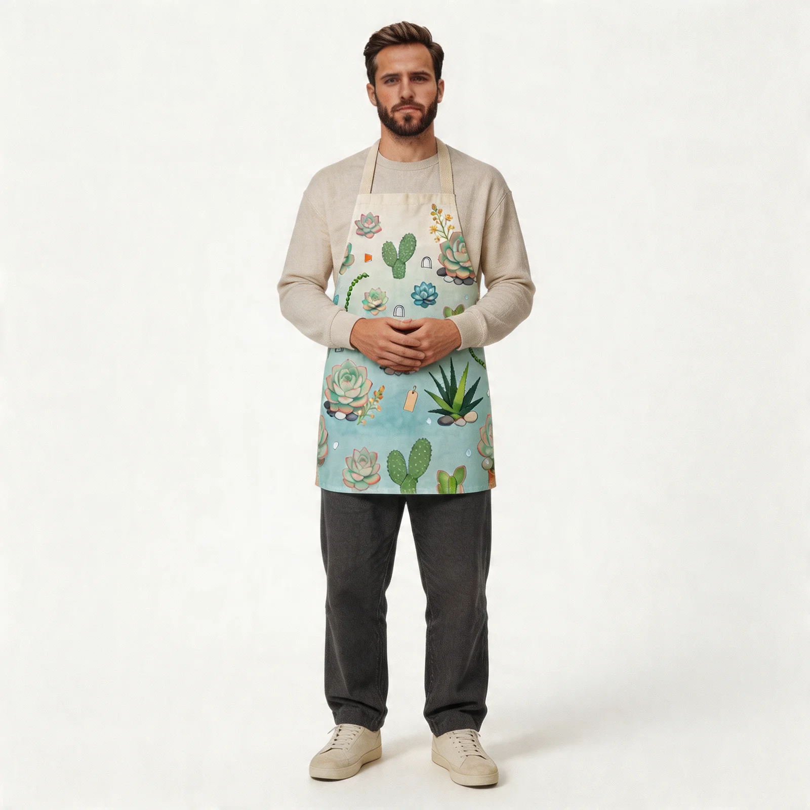 Mint Morning Succulent Garden All-Over Print Apron — worn by model
