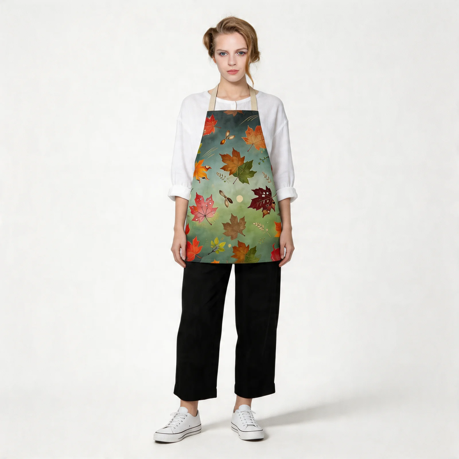 Autumn Maple Glow All-Over Print Apron — worn by model