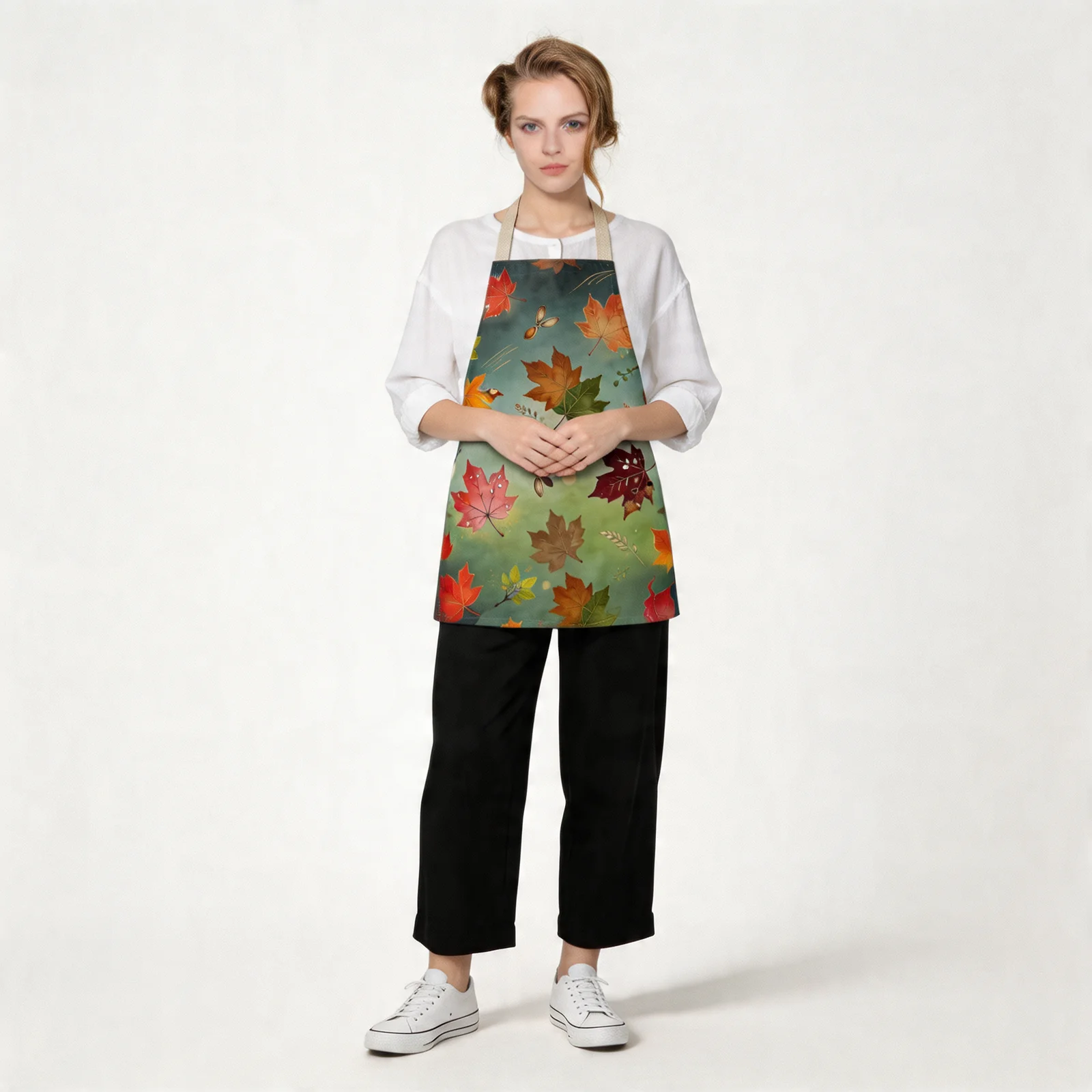Autumn Maple Glow All-Over Print Apron — worn by model