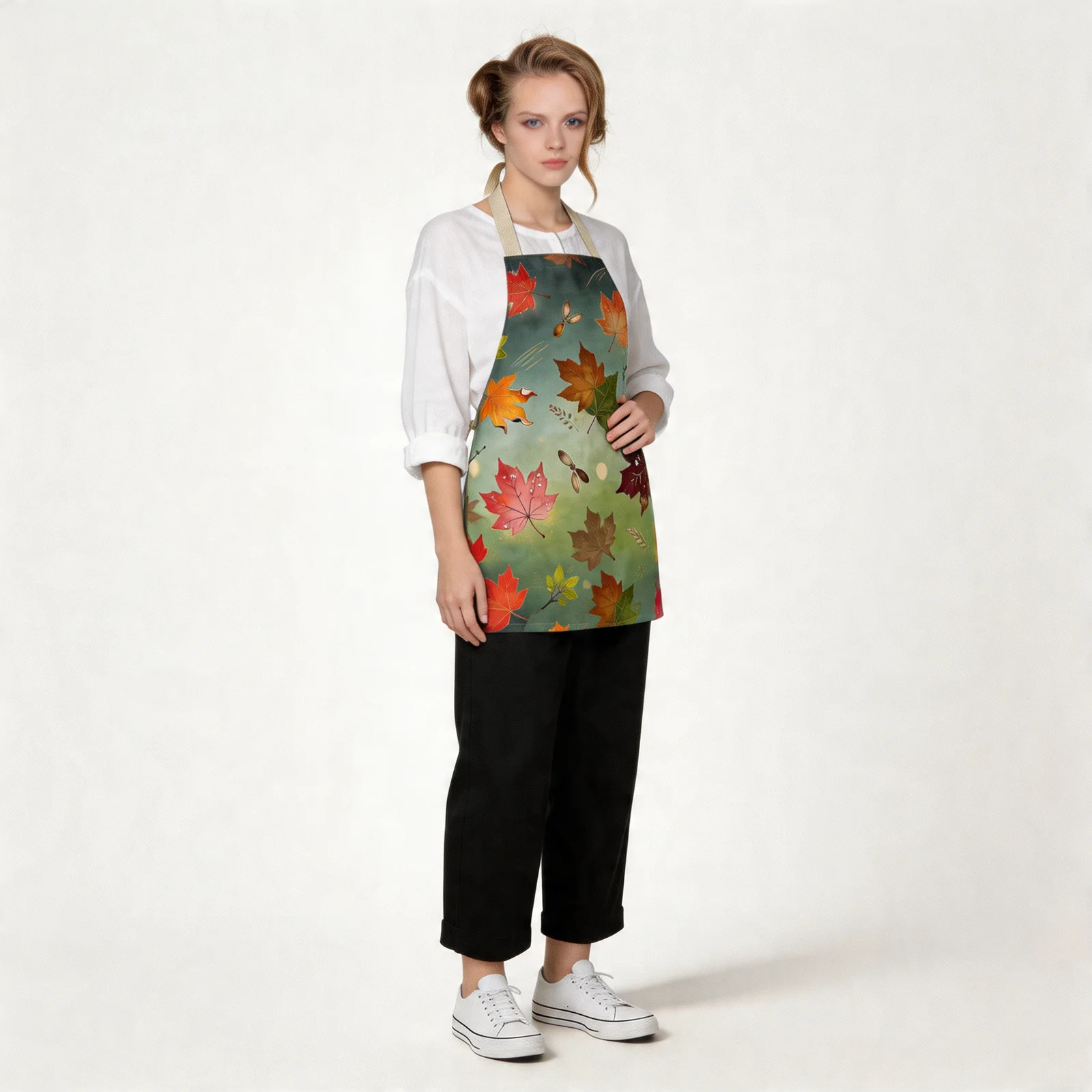 Autumn Maple Glow All-Over Print Apron — worn by model
