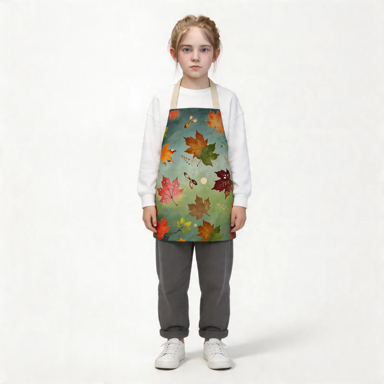 Autumn Maple Glow All-Over Print Apron — worn by young model