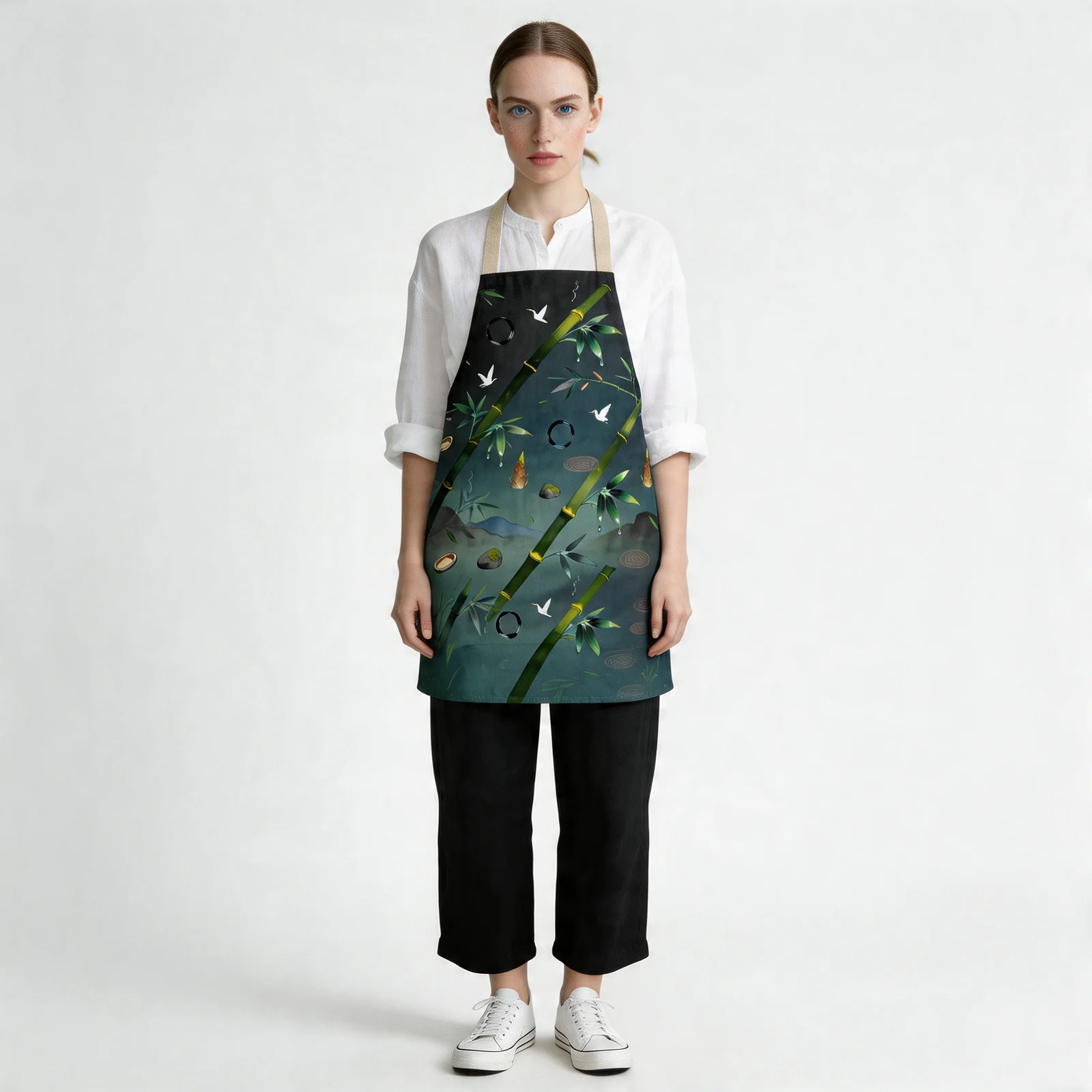 Zen Bamboo Tranquility All-Over Print Apron — worn by model