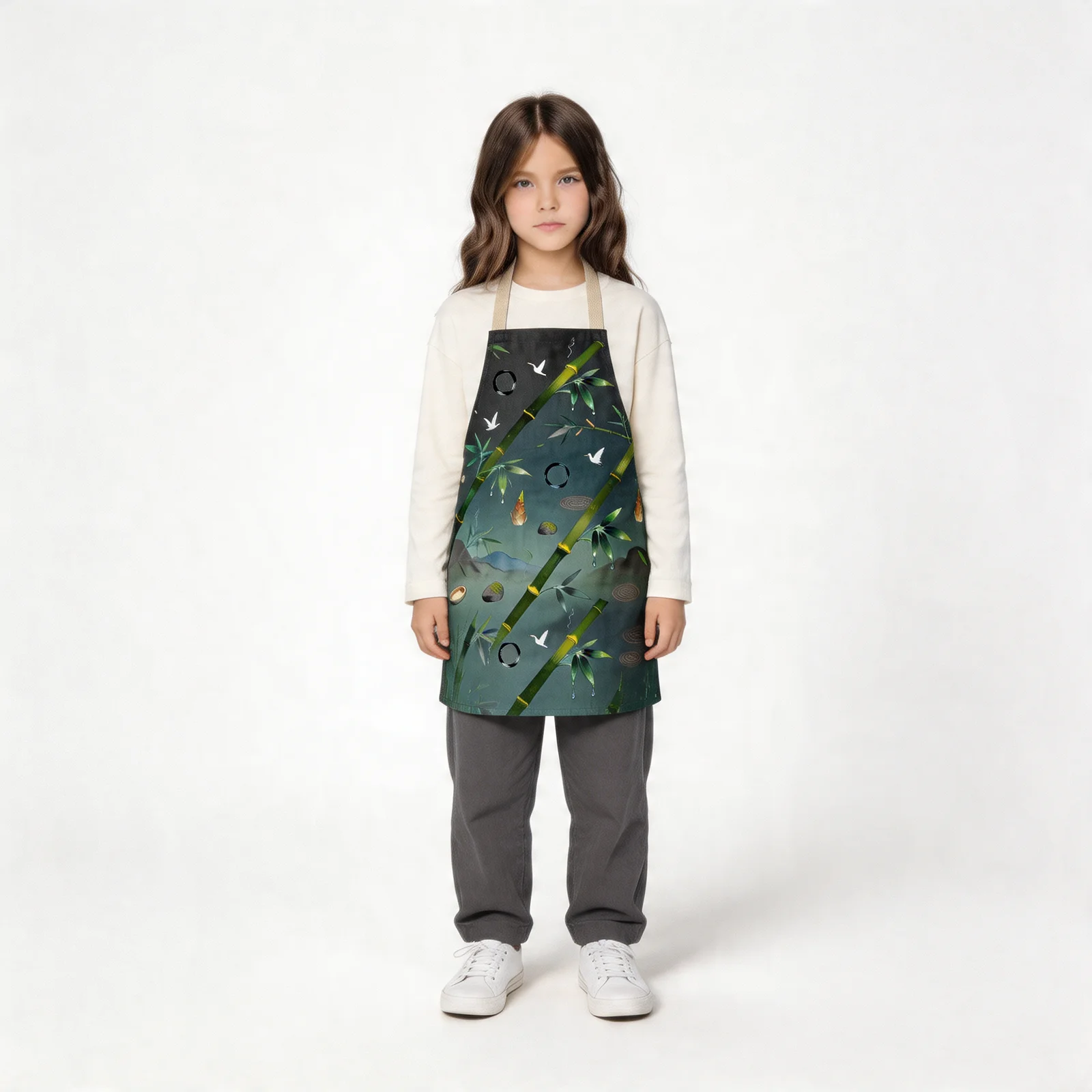 Zen Bamboo Tranquility All-Over Print Apron — worn by young model