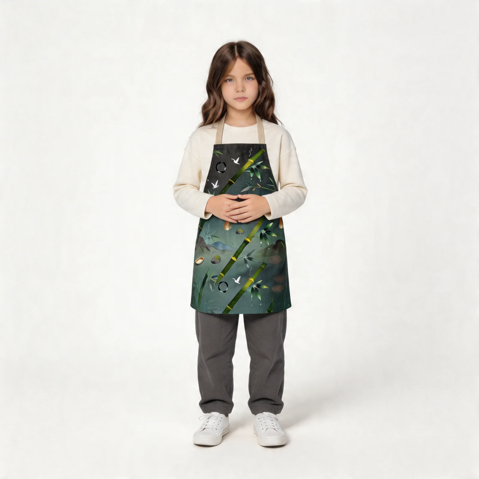 Zen Bamboo Tranquility All-Over Print Apron — worn by young model