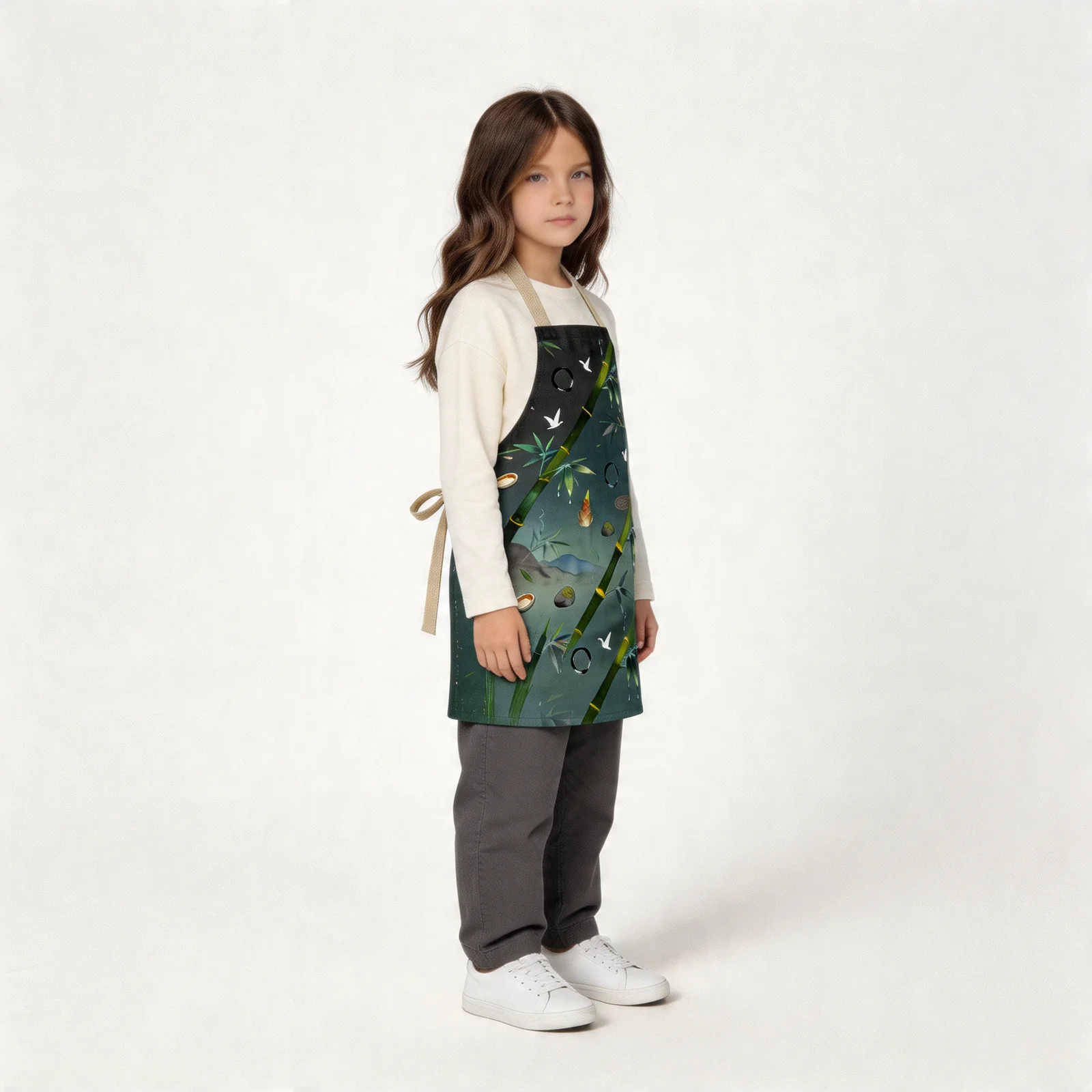 Zen Bamboo Tranquility All-Over Print Apron — worn by young model
