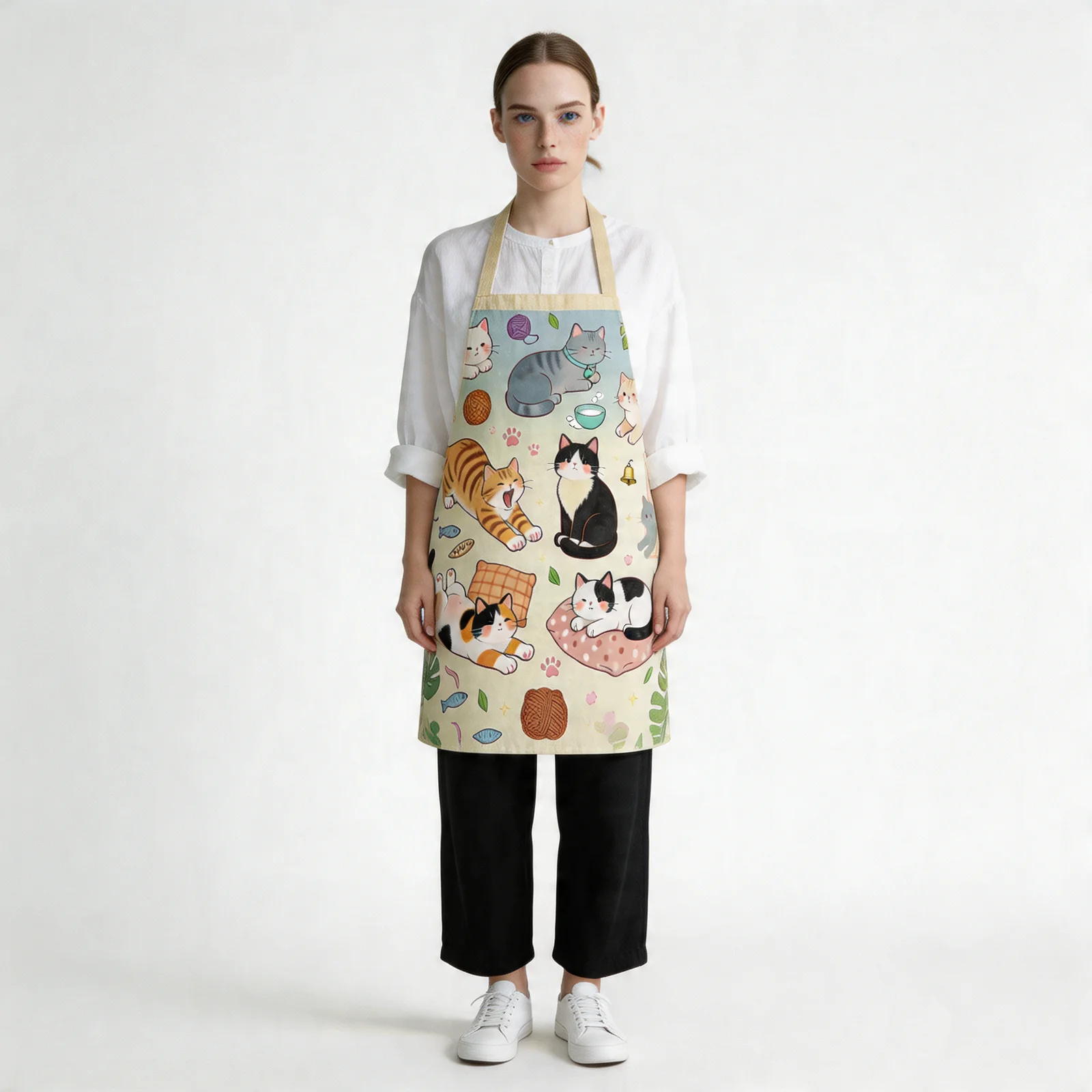Lazy Afternoon Cats All-Over Print Apron — worn by model