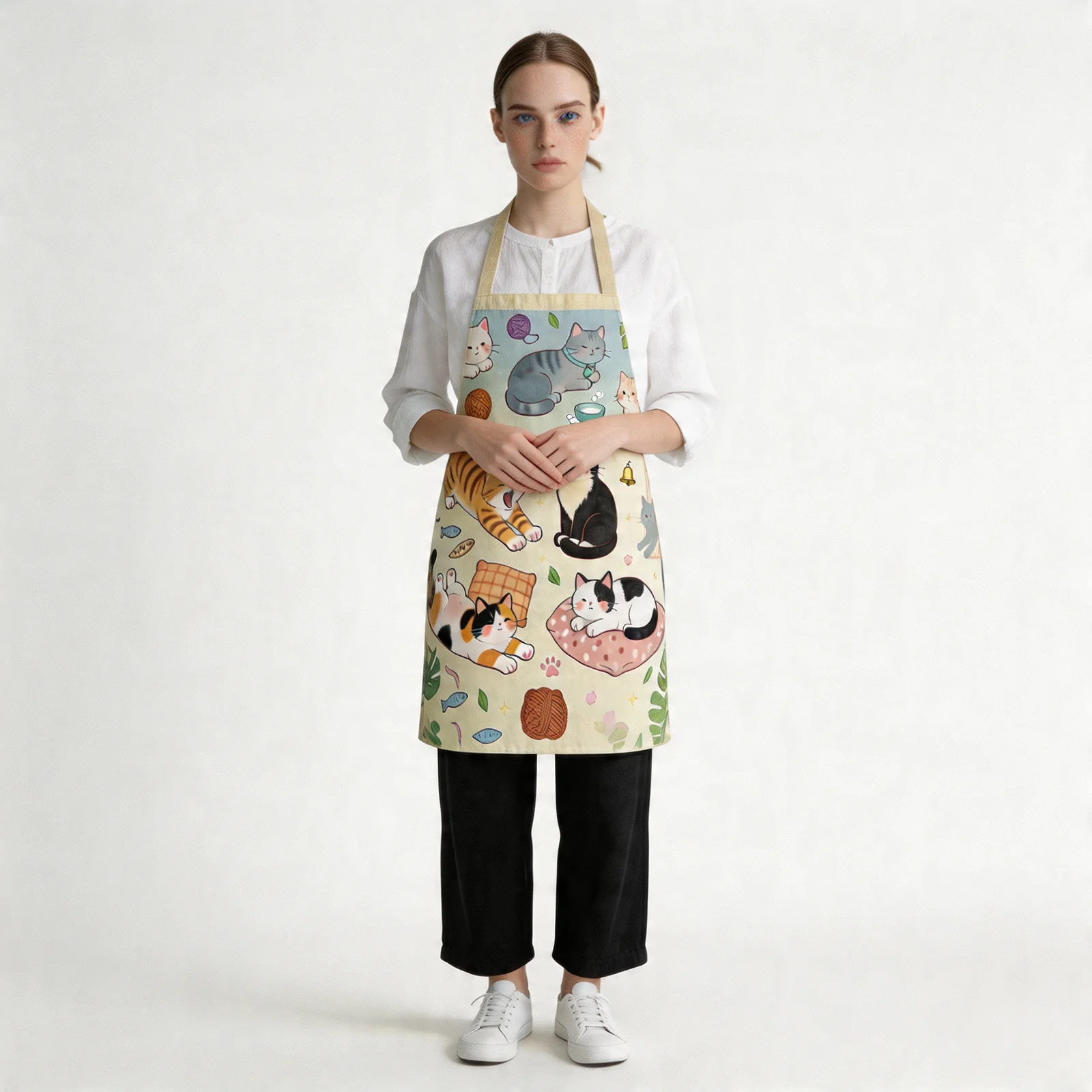 Lazy Afternoon Cats All-Over Print Apron — worn by model