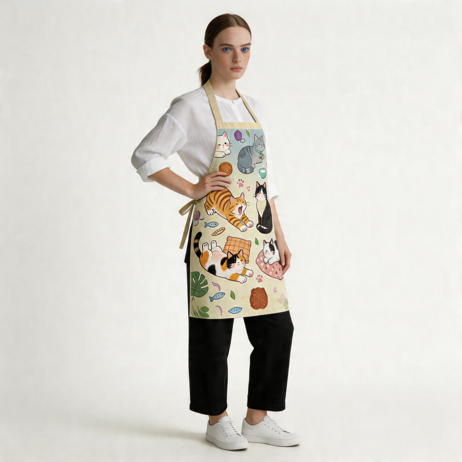 Lazy Afternoon Cats All-Over Print Apron — worn by model