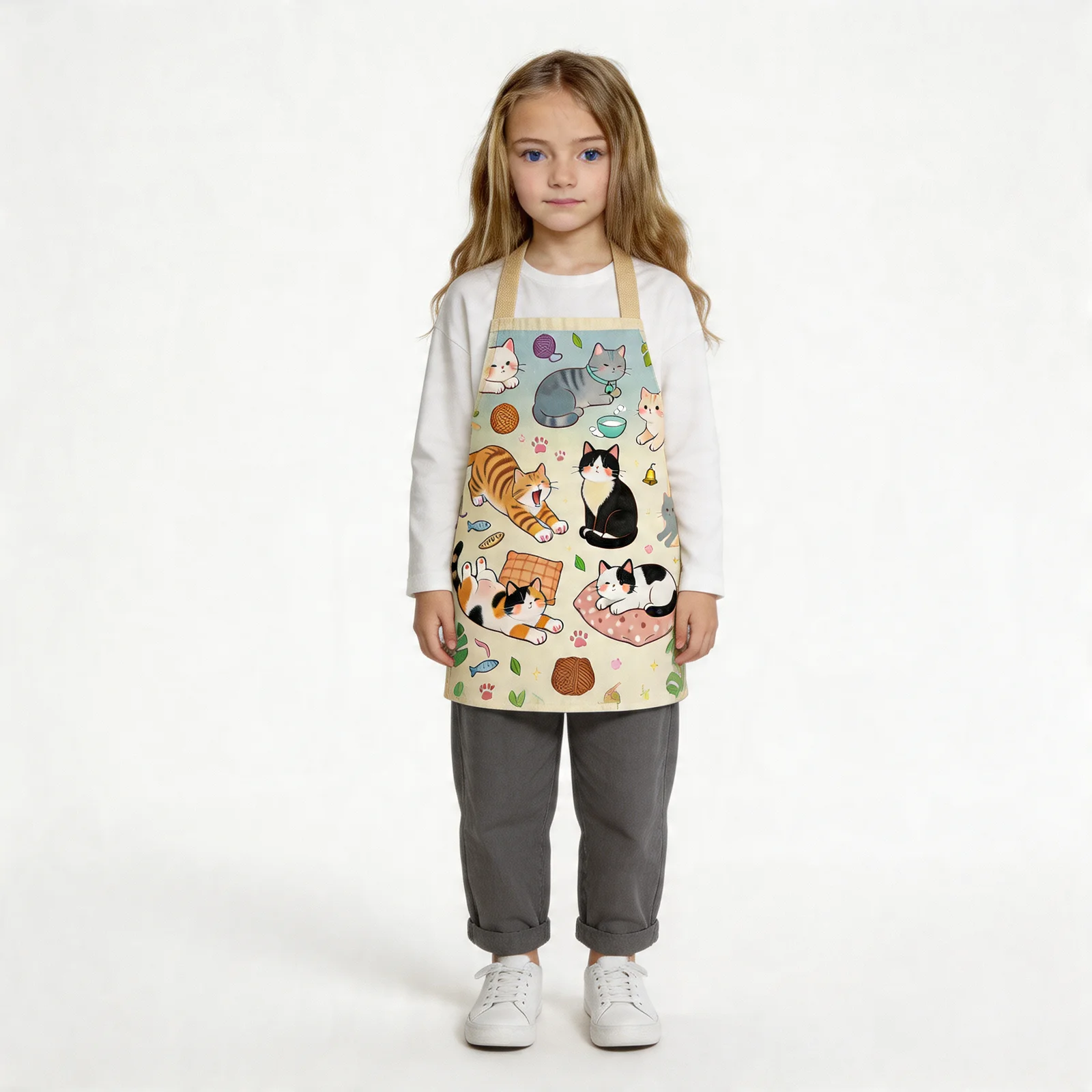Lazy Afternoon Cats All-Over Print Apron — worn by young model