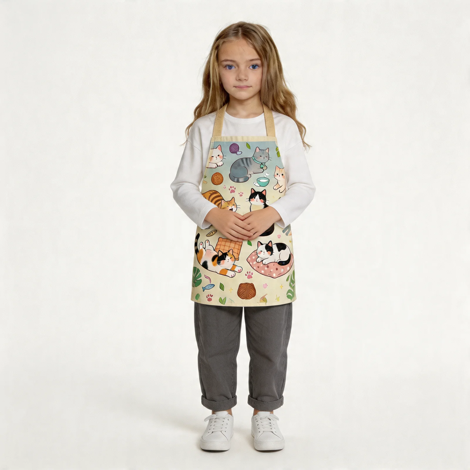 Lazy Afternoon Cats All-Over Print Apron — worn by young model