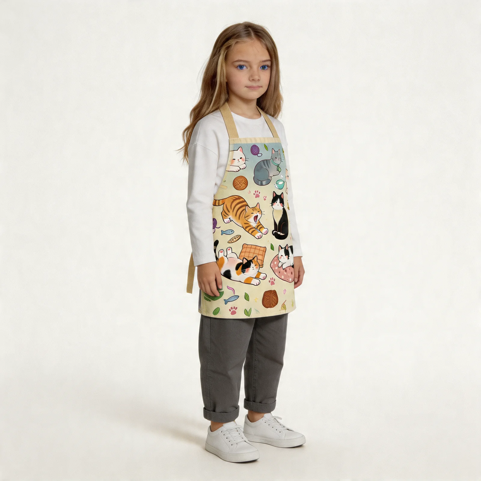 Lazy Afternoon Cats All-Over Print Apron — worn by young model