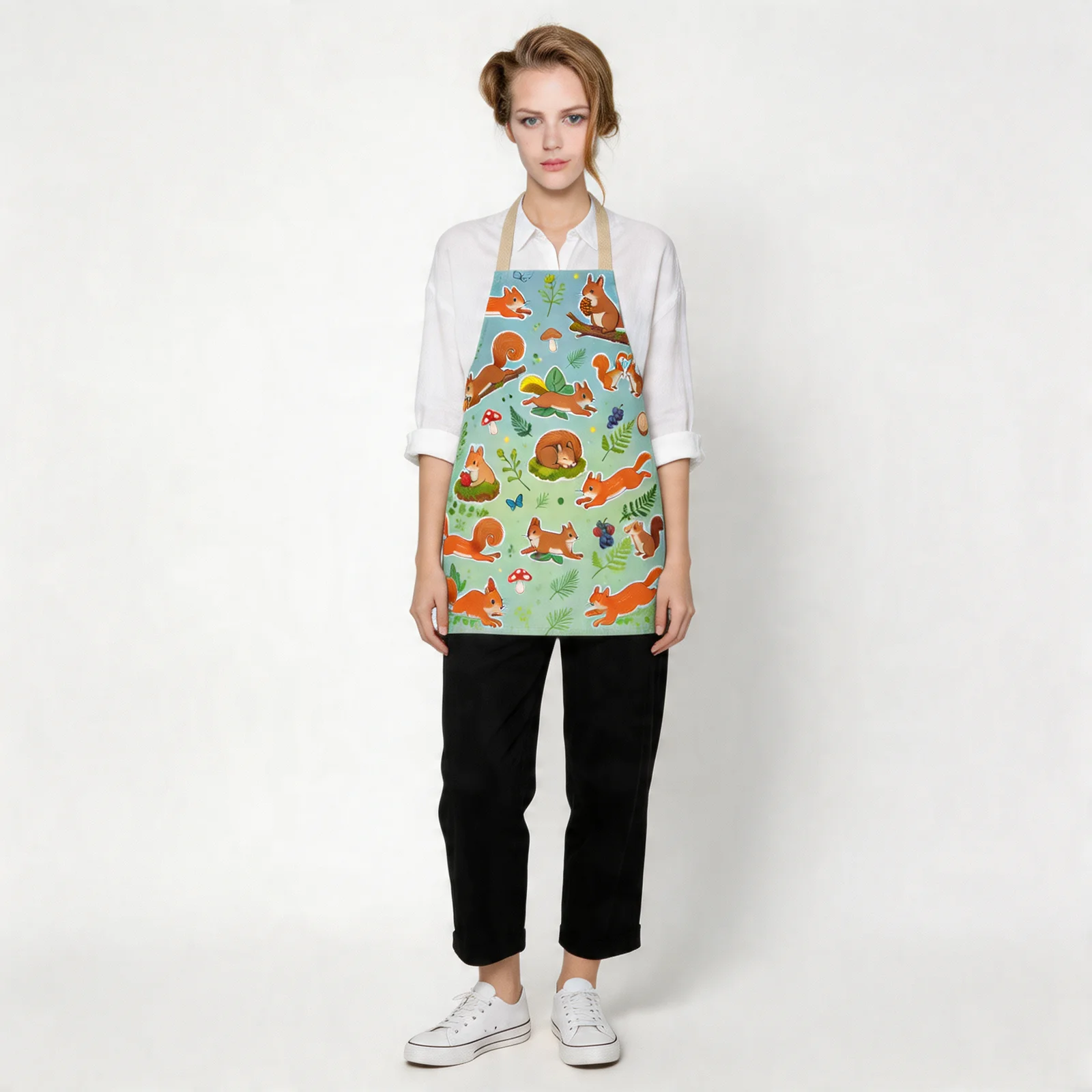 Playful Woodland Squirrels All-Over Print Apron — worn by model