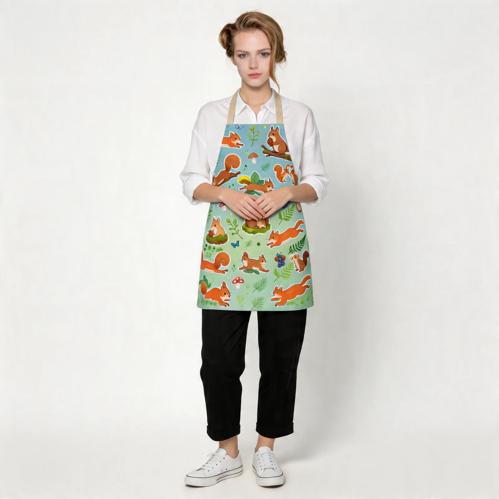Playful Woodland Squirrels All-Over Print Apron — worn by model