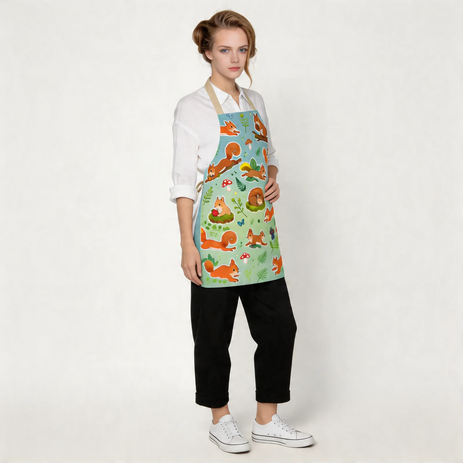 Playful Woodland Squirrels All-Over Print Apron — worn by model
