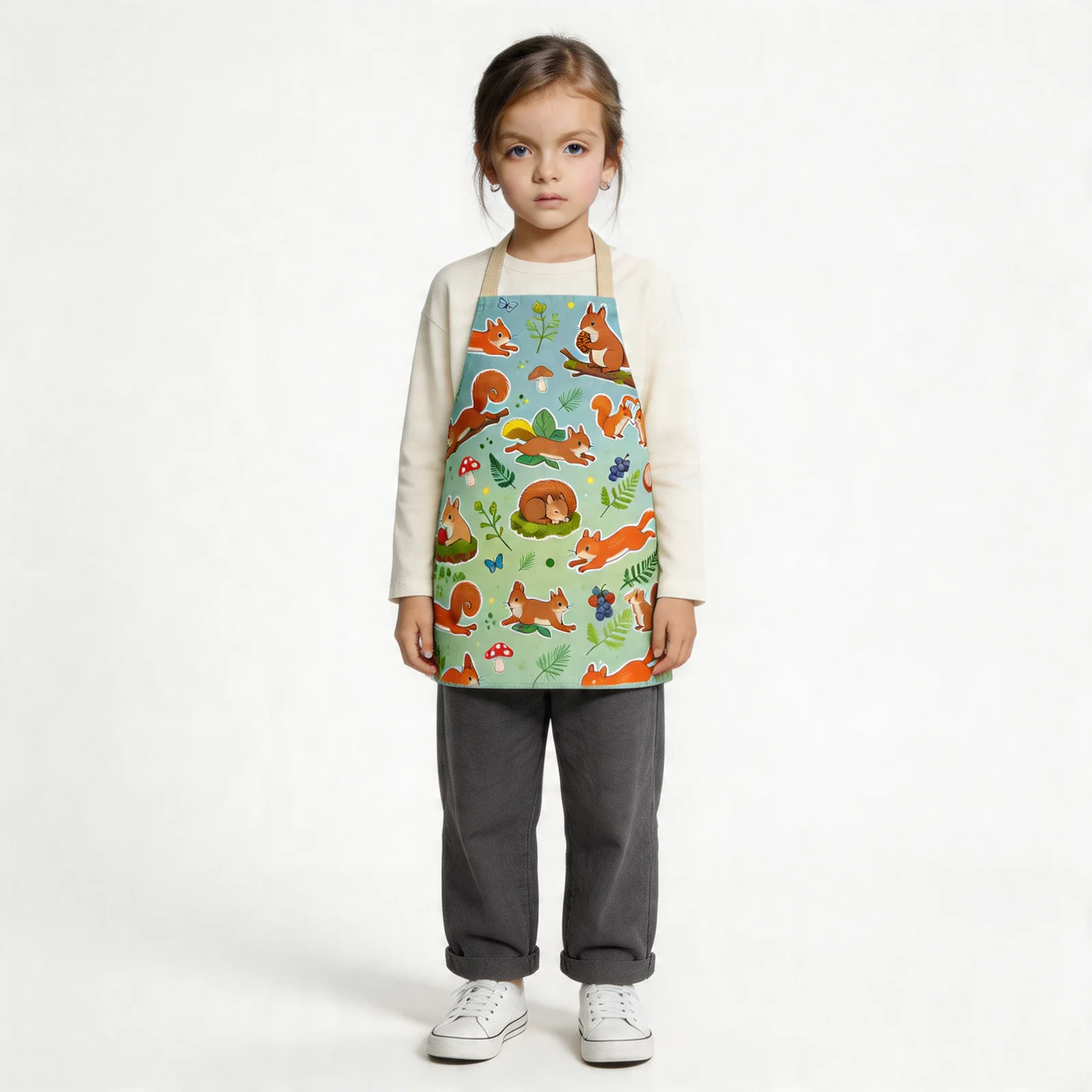 Playful Woodland Squirrels All-Over Print Apron — worn by young model