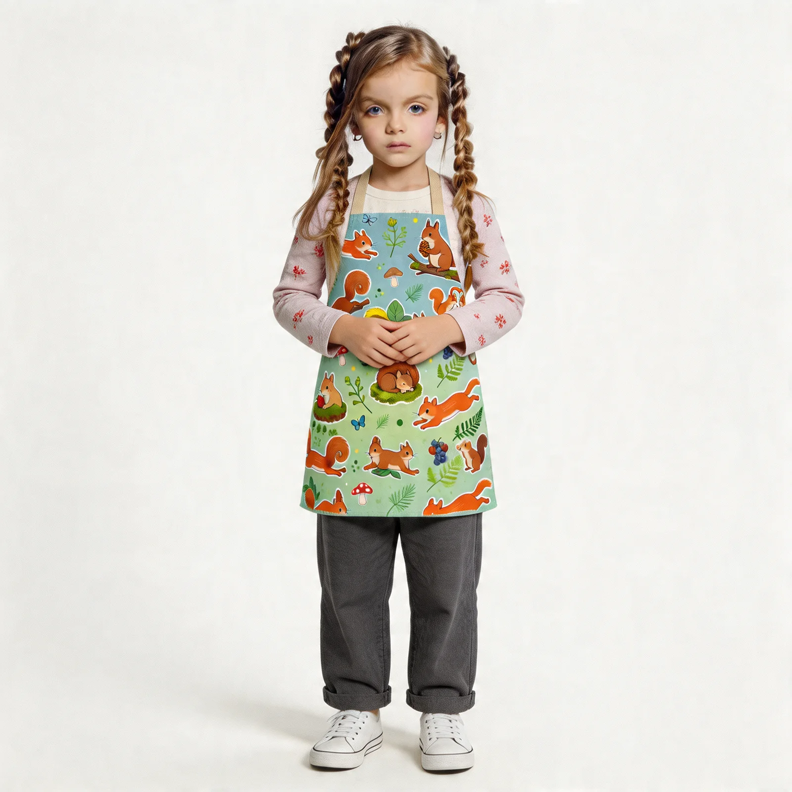 Playful Woodland Squirrels All-Over Print Apron — worn by young model