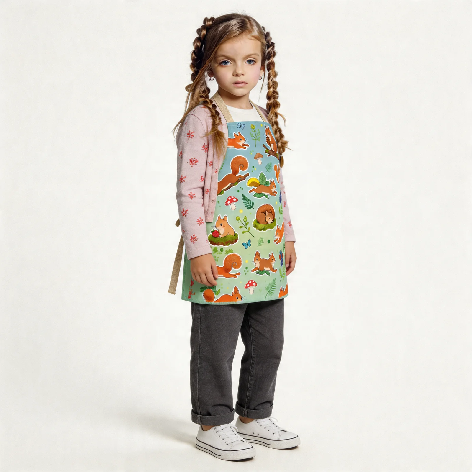 Playful Woodland Squirrels All-Over Print Apron — worn by young model